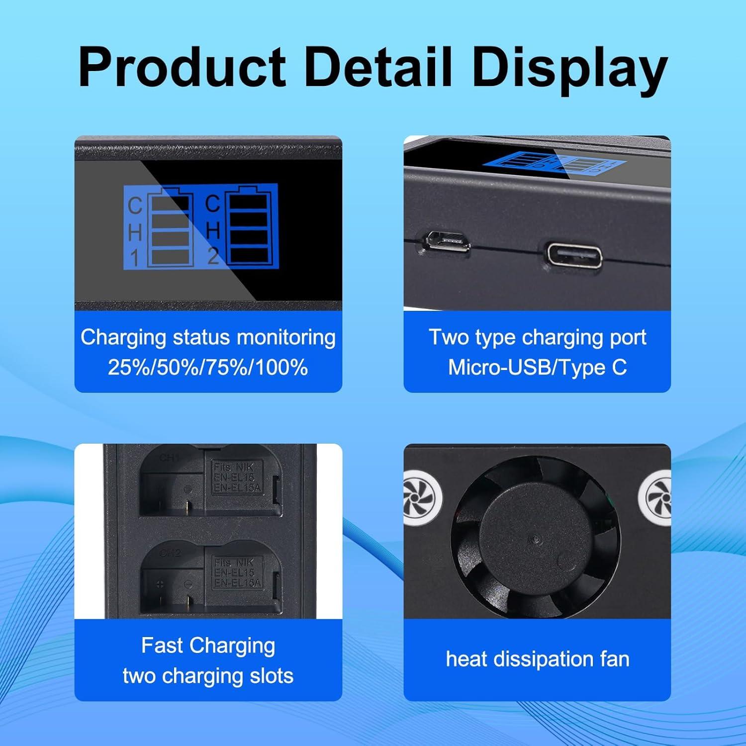 Juego de Cargador y 2 Baterías EN-EL15 para Nikon 2200mAh