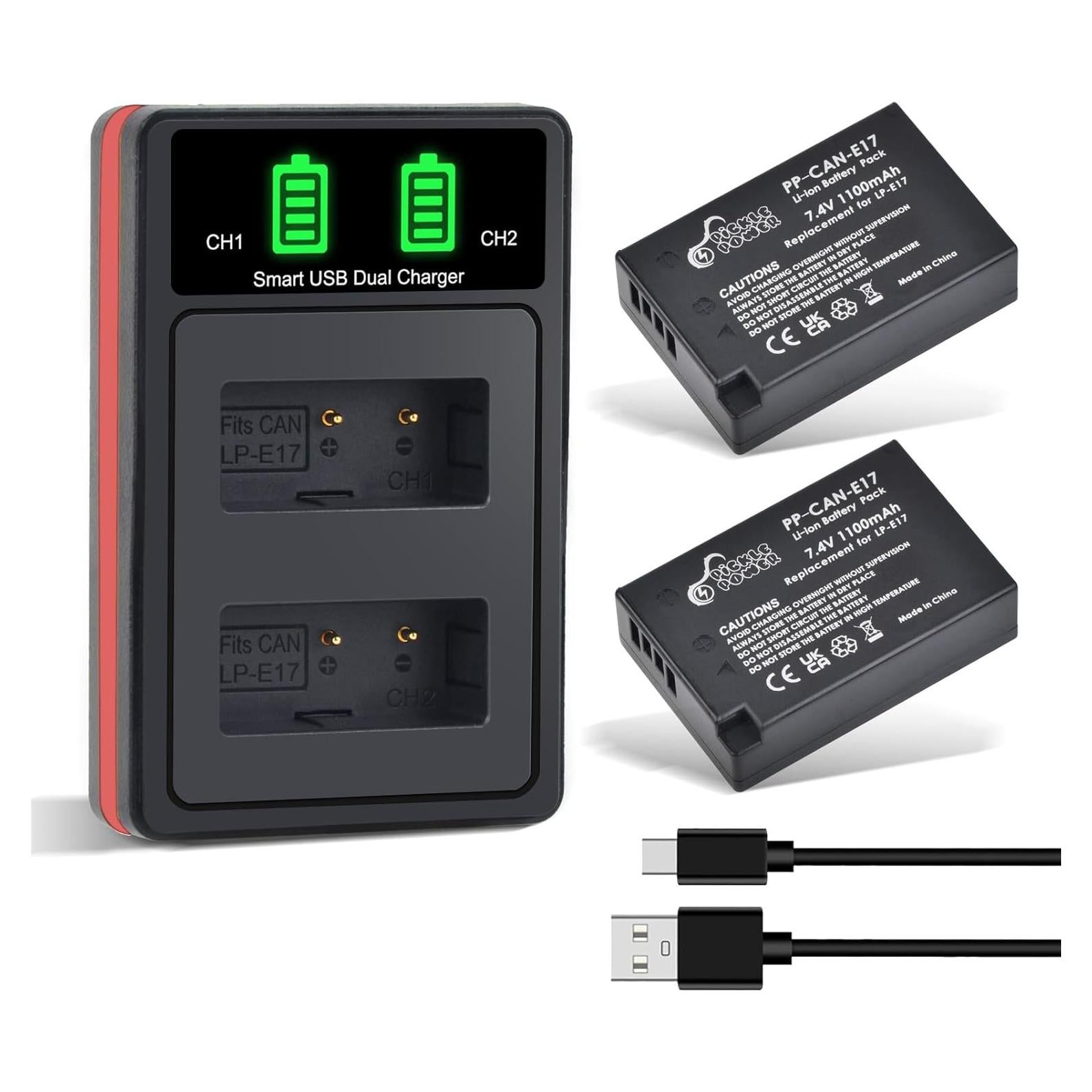 Paquete 2 Baterías LP-E17 + Cargador Doble LED Pickle Power