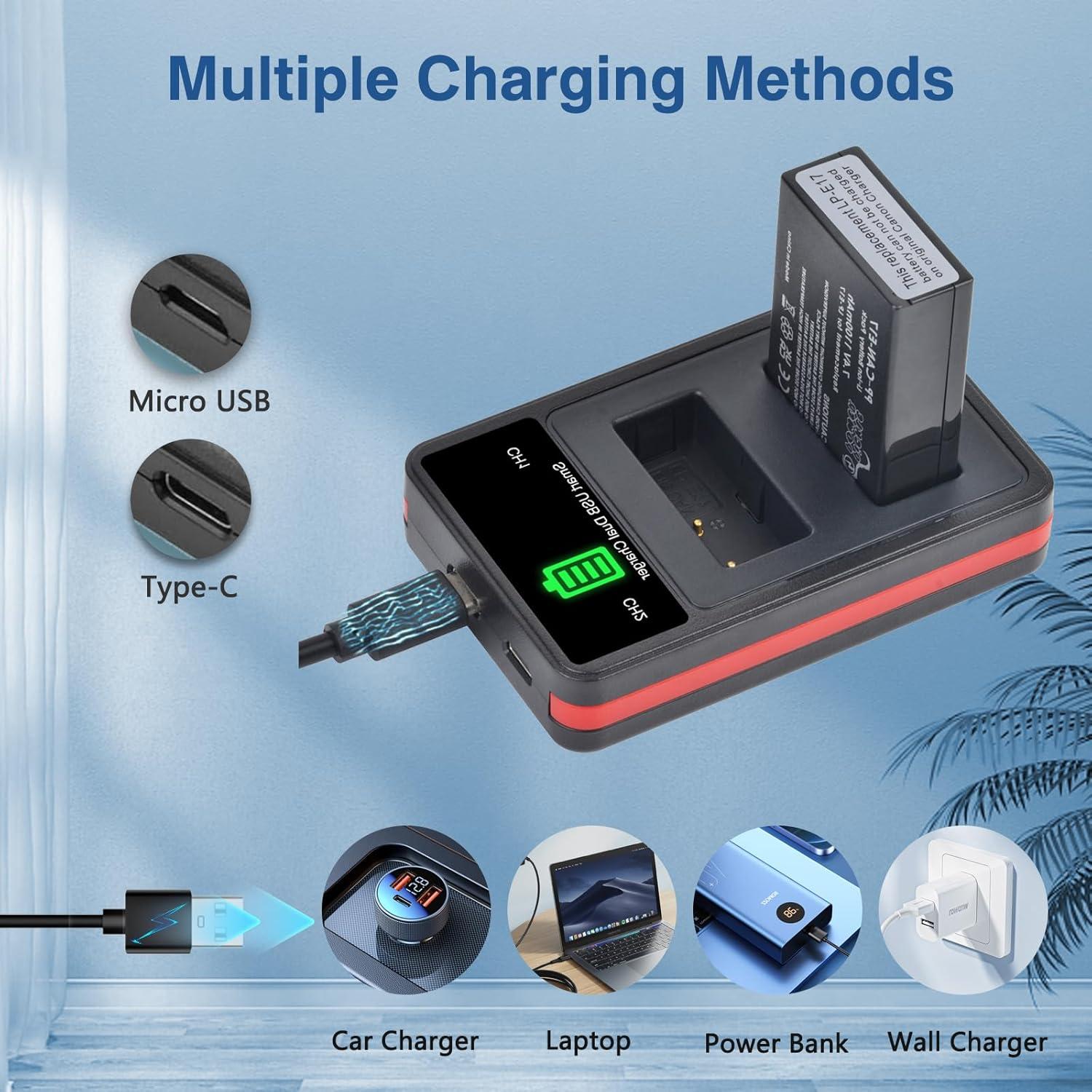 Paquete 2 Baterías LP-E17 + Cargador Doble LED Pickle Power