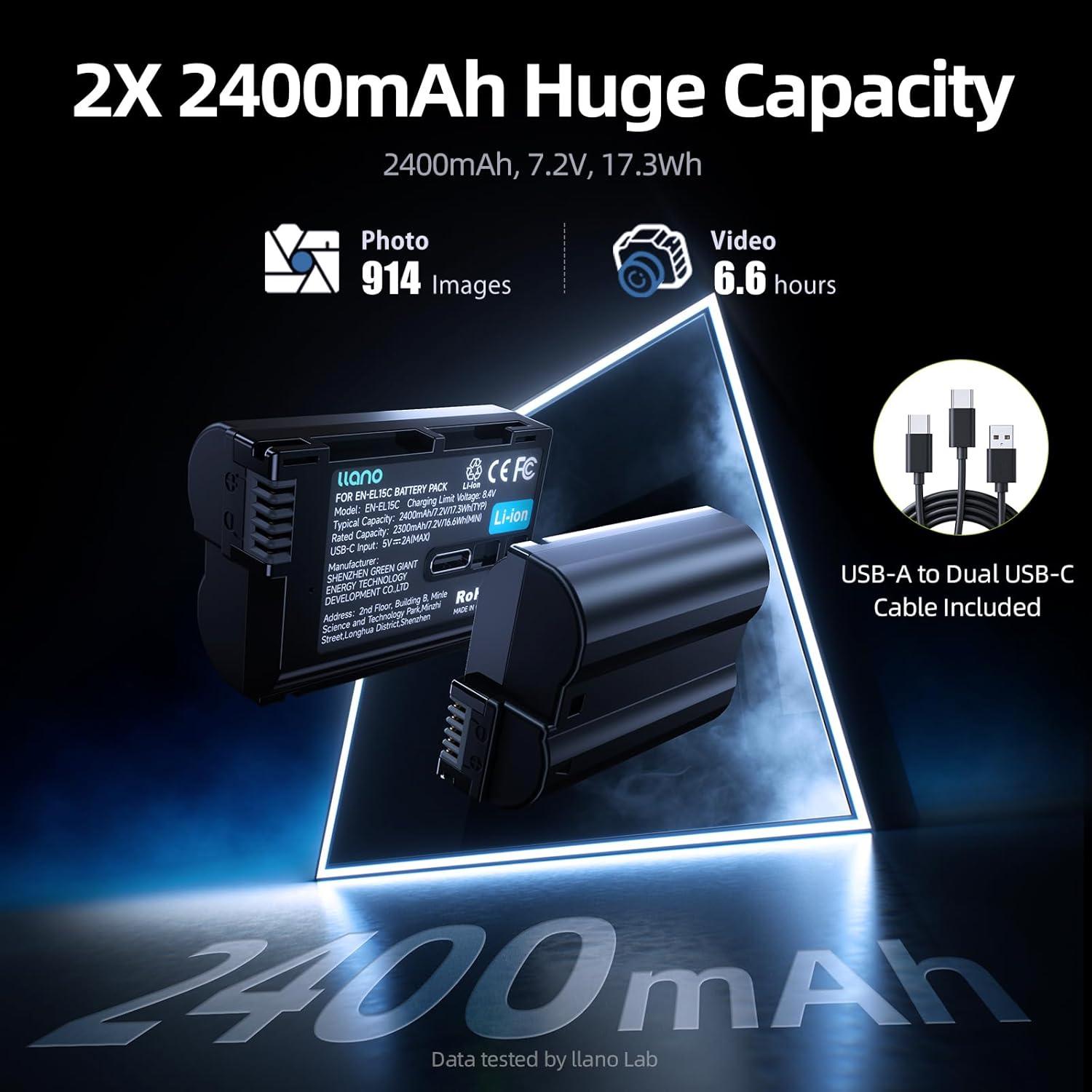 Batería Llano EN-EL15C USB-C 2400mAh para Nikon Z8, Z6, D850