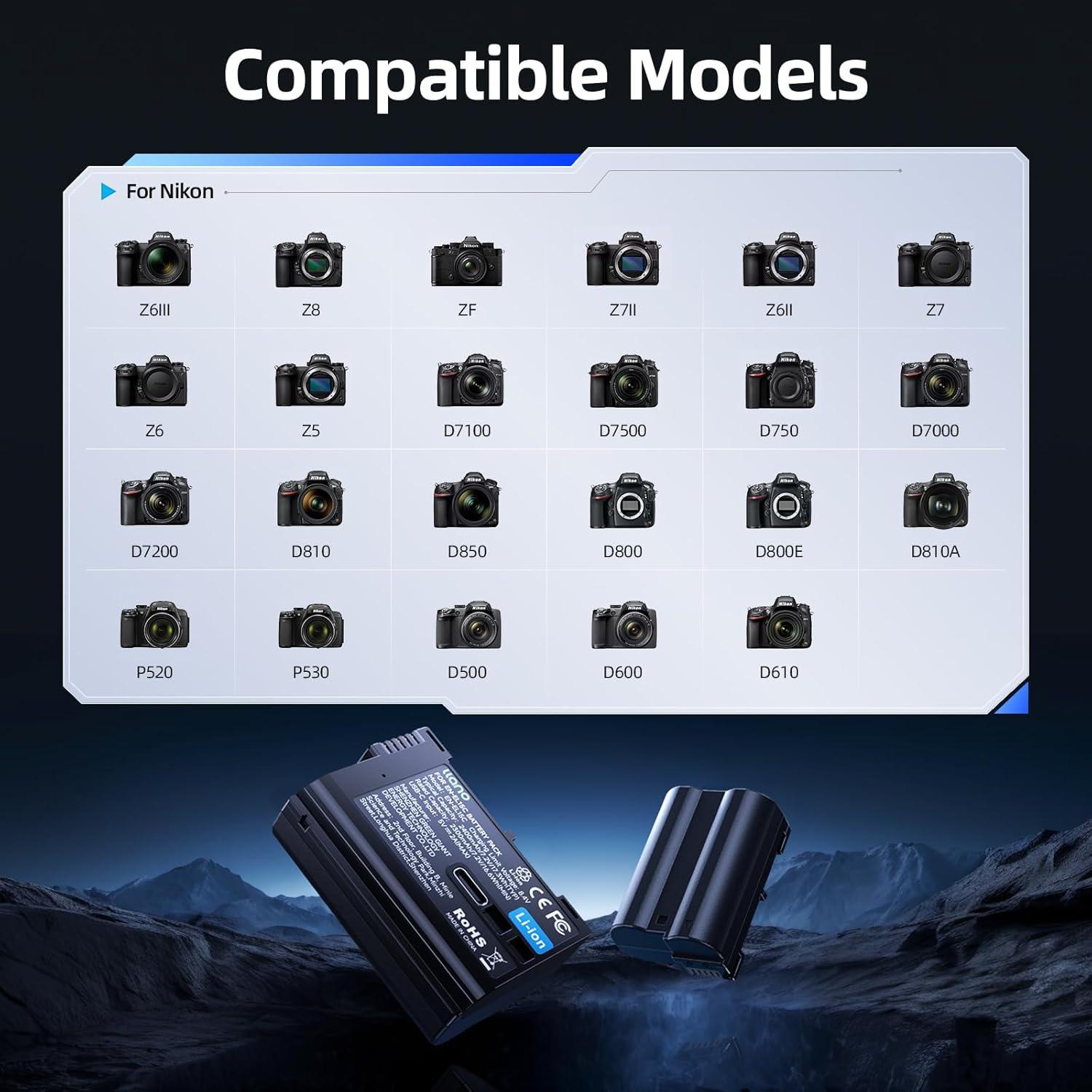 Batería Llano EN-EL15C USB-C 2400mAh para Nikon Z8, Z6, D850