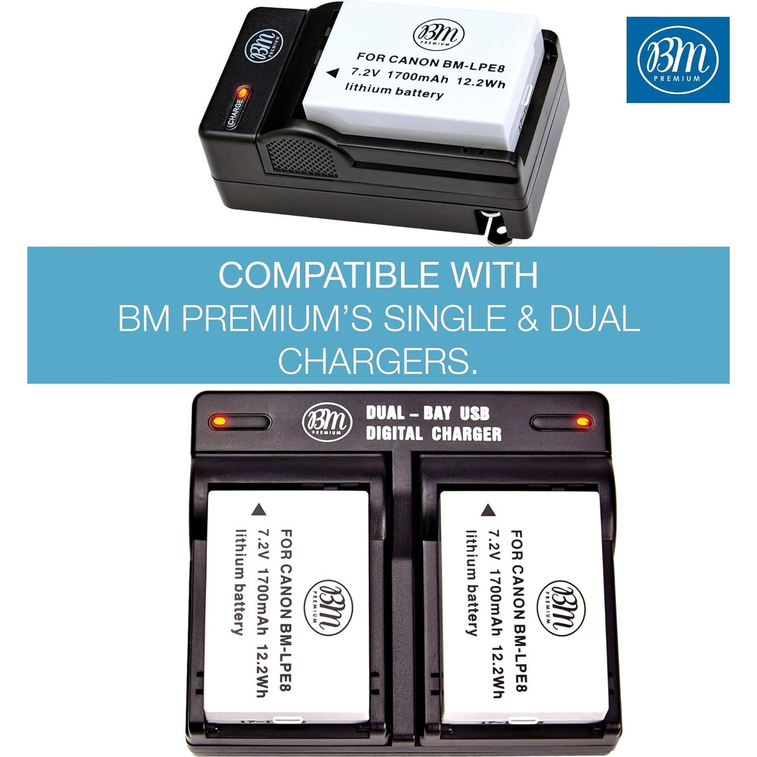 BM Premium 2 Baterías LP-E8 para Canon EOS Rebel T2i, T3i, T4i, T5i