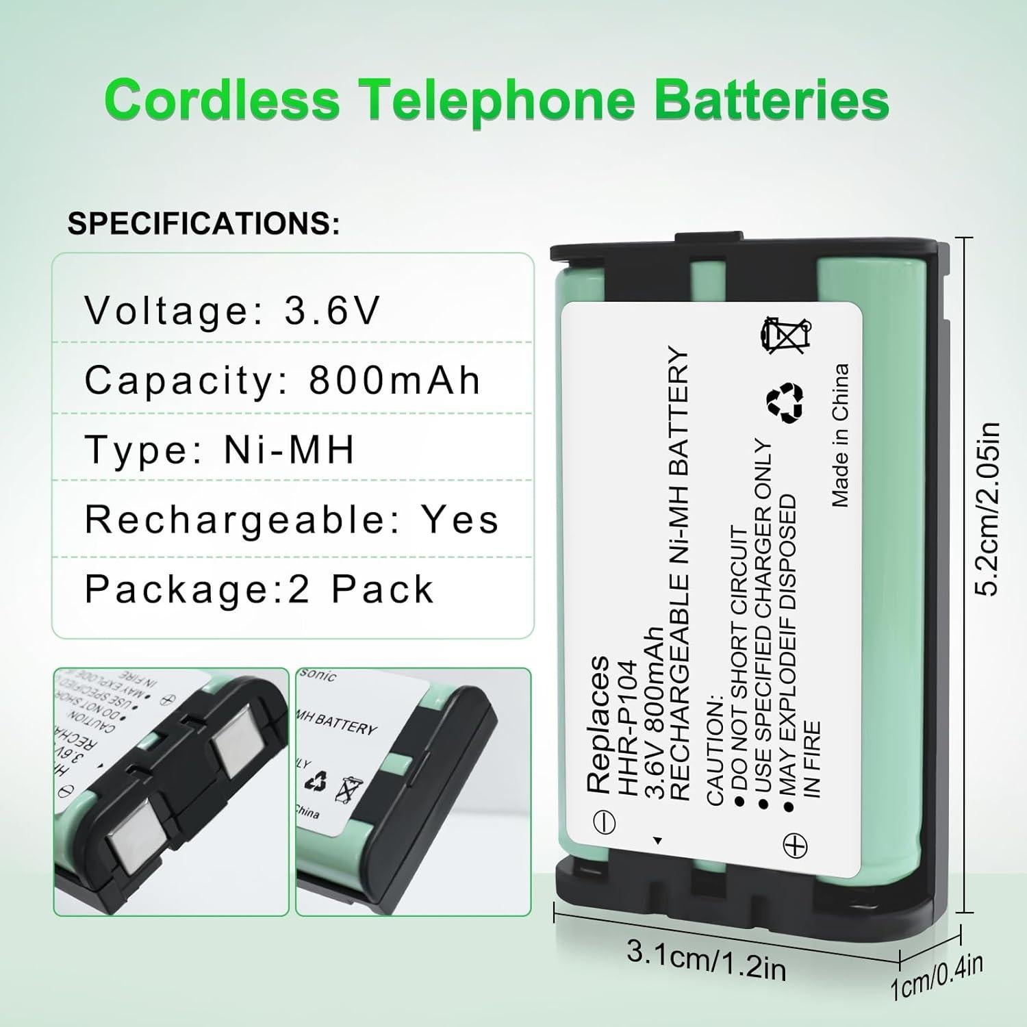 2 Baterías Recargables NiMH HHR-P104 800mAh 3.6V para Panasonic