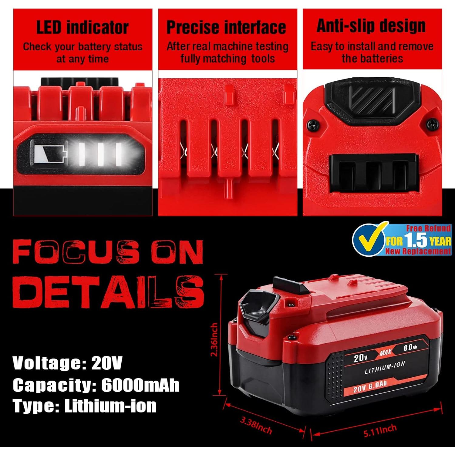 Batería de Reemplazo 6.0Ah 20V CaliHutt para Craftsman V20