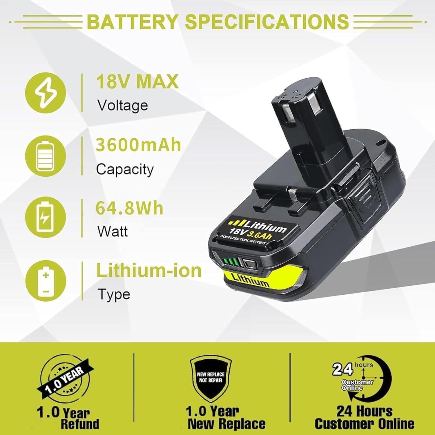 VANTTECH 2Packs P102 18V 3.6Ah Battery Replacement for Ryobi 18V Lithium Ion Battery P108 P103 P105 P107 P109 P104 Compatible with Ryobi 18-Volt Plus Power Tools