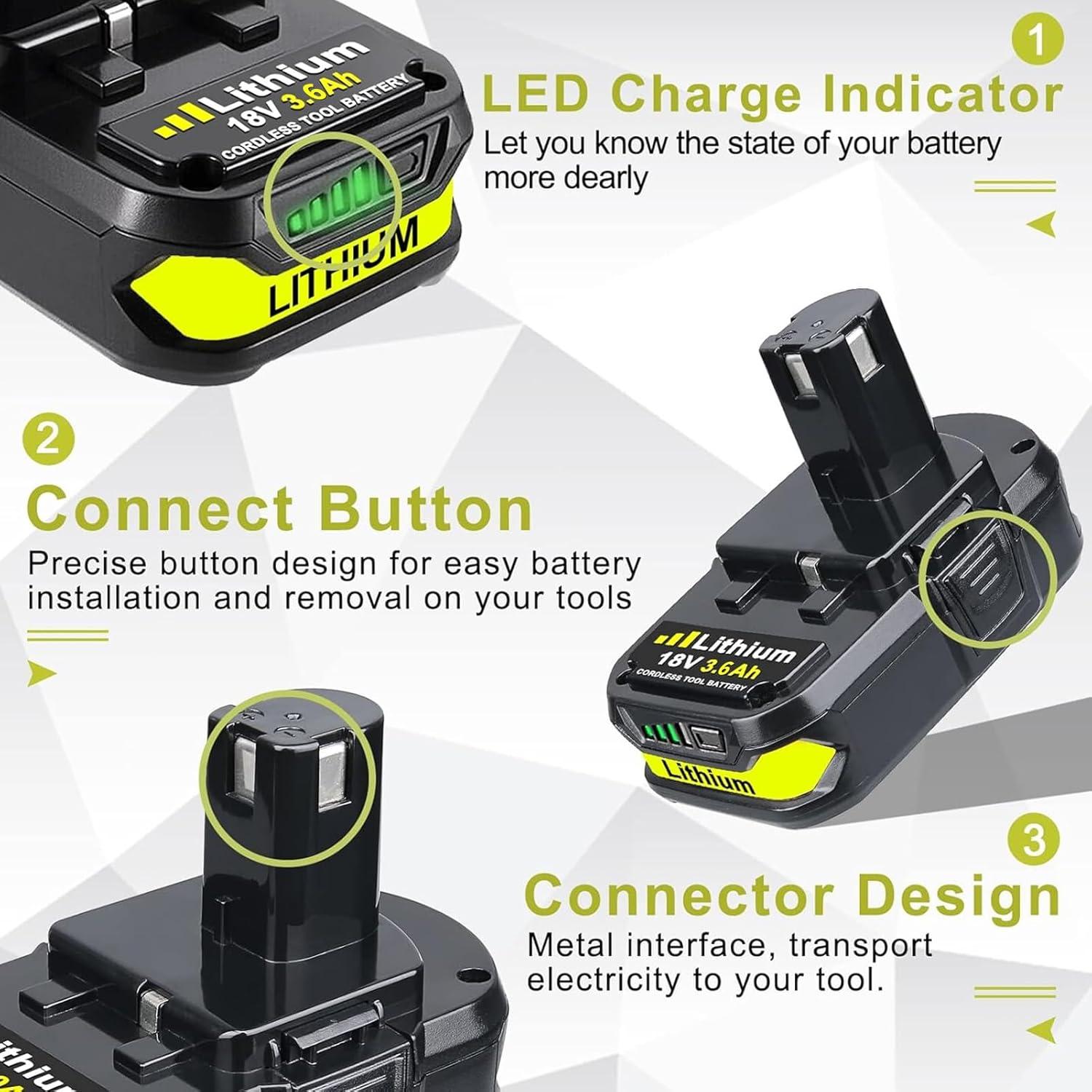 VANTTECH 2Packs P102 18V 3.6Ah Battery Replacement for Ryobi 18V Lithium Ion Battery P108 P103 P105 P107 P109 P104 Compatible with Ryobi 18-Volt Plus Power Tools