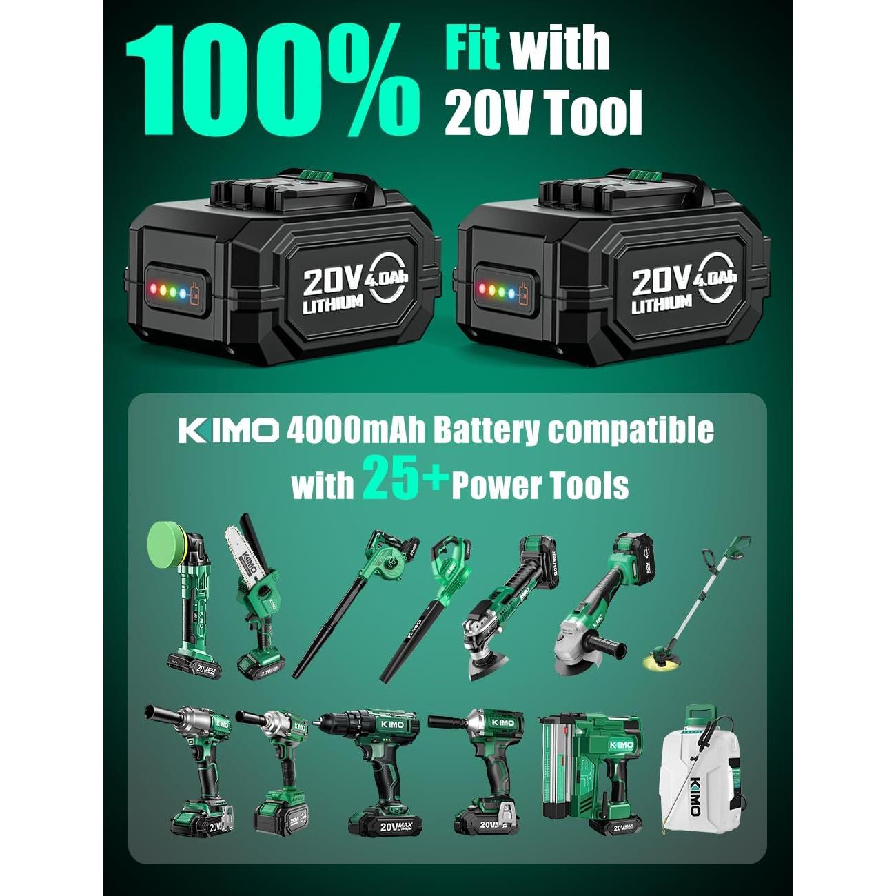 KIMO Paquete de 2 Baterías 20V 4000mAh para Herramientas Eléctricas