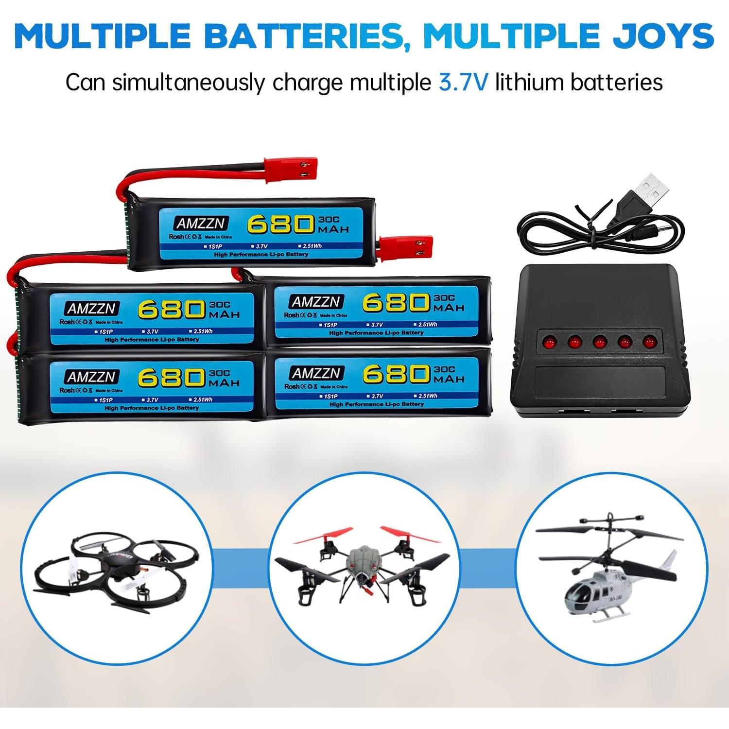 5 Baterías LiPo 3.7V 680mAh con Cargador 5-en-1 para Drones RC