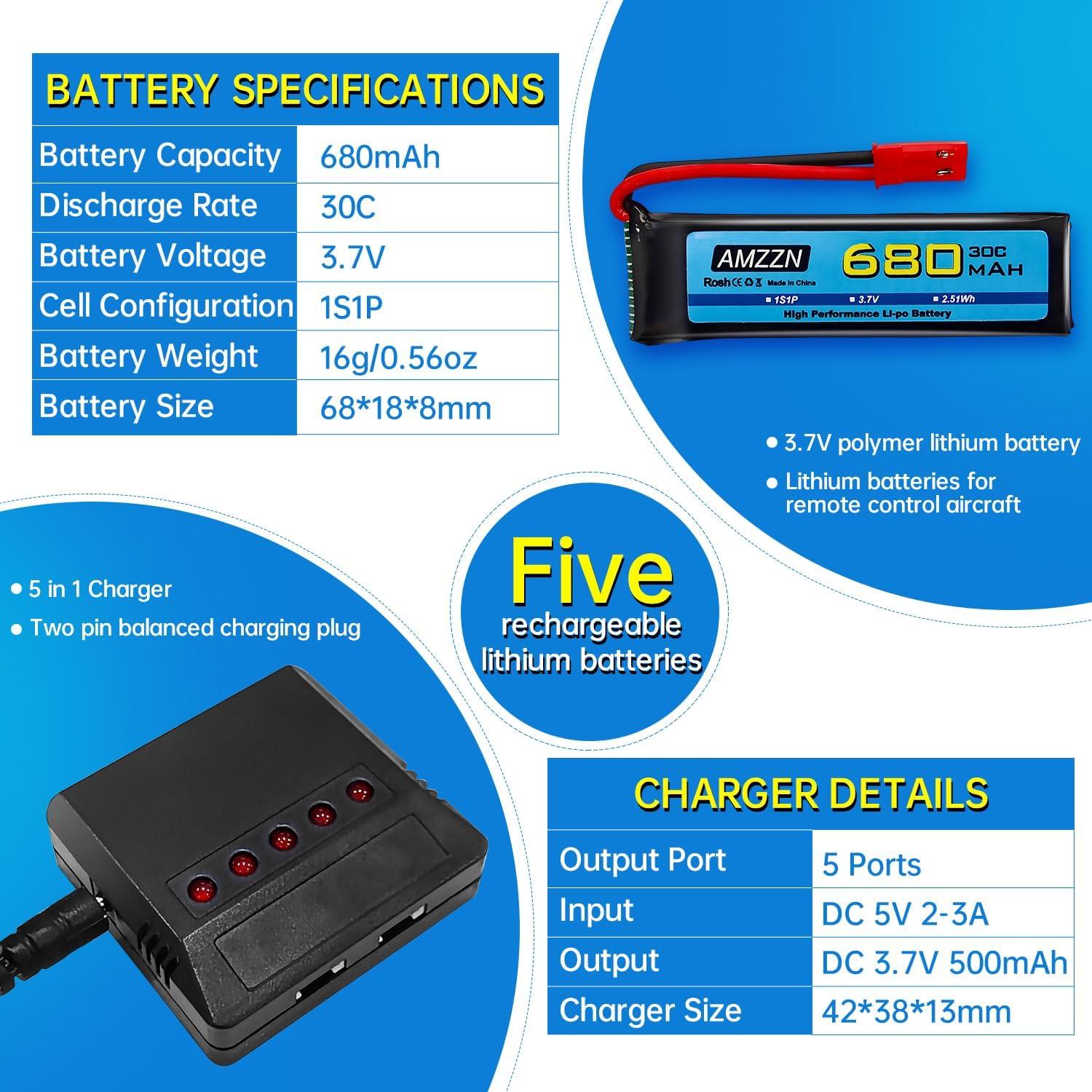 5 Baterías LiPo 3.7V 680mAh con Cargador 5-en-1 para Drones RC