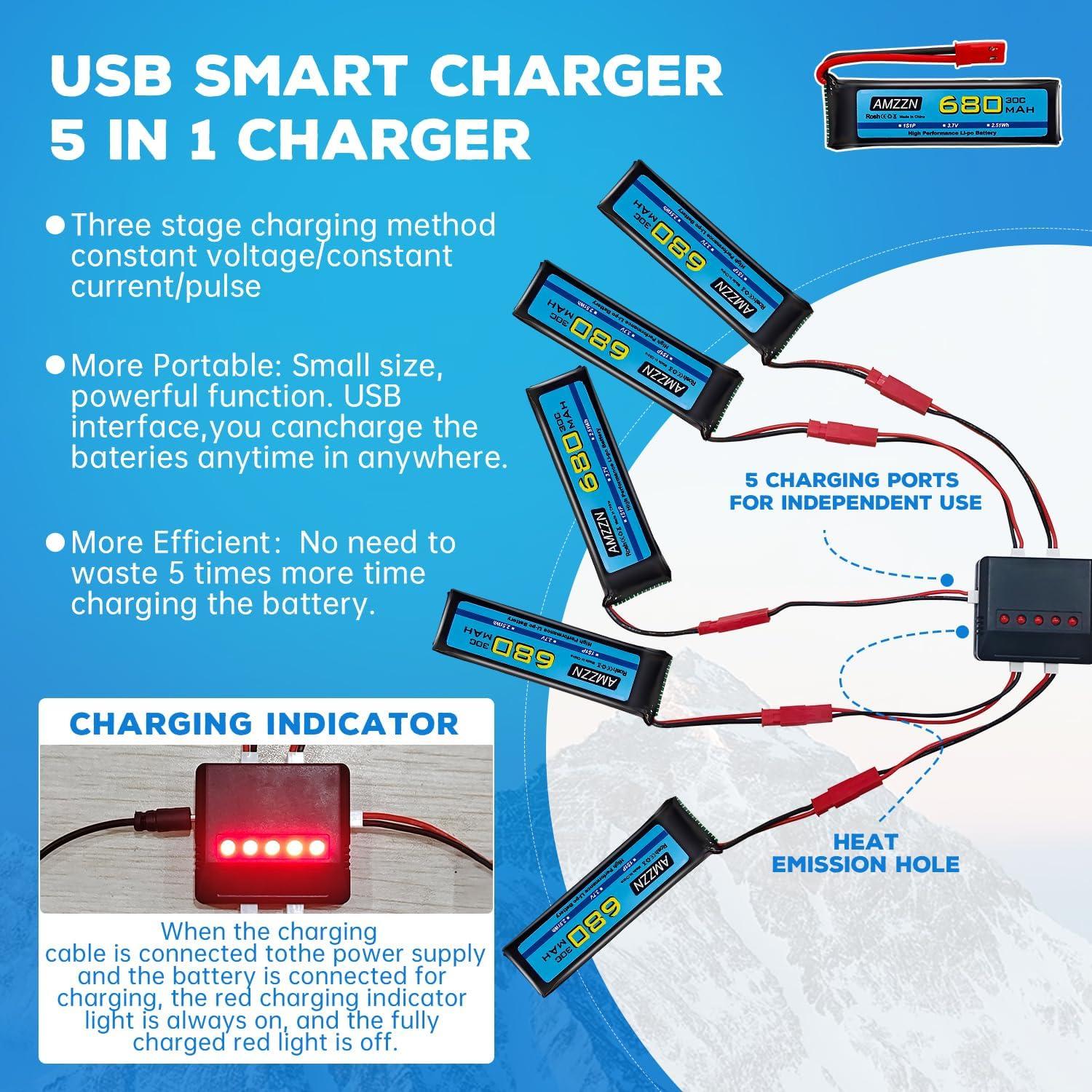 5 Baterías LiPo 3.7V 680mAh con Cargador 5-en-1 para Drones RC