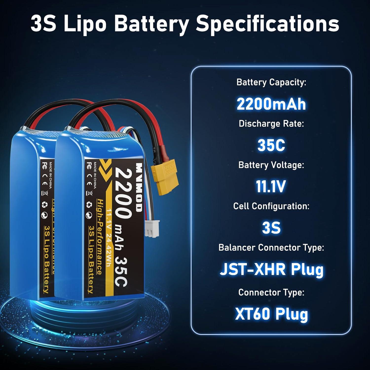 Batería LiPo 3S 2200mAh 11.1V 35C XT60 2 Paquetes RC
