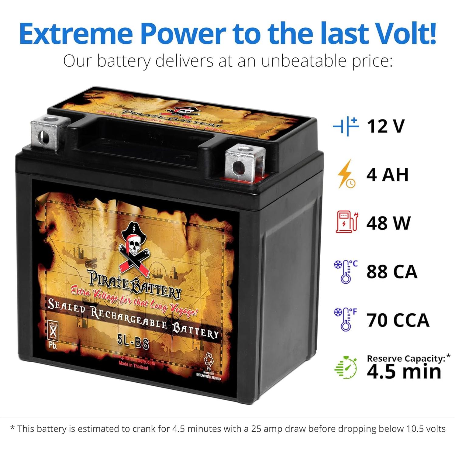 Batería Pirate YTX5L-BS 12V 4Ah AGM para ATV y motocicleta