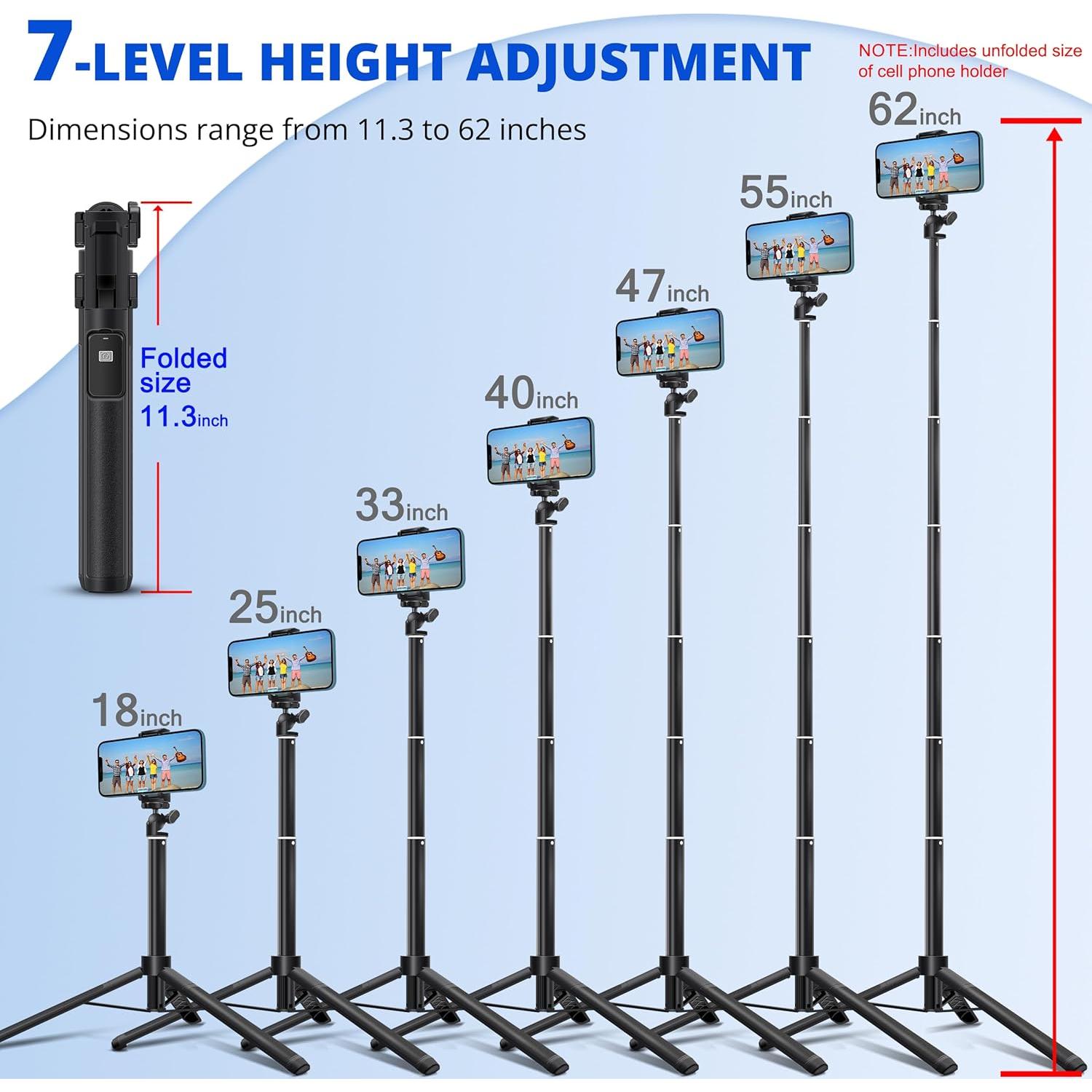 bluehorn Extendable 62 inches Aluminum Alloy Selfie Stick Phone Tripod Stand New Model with Wireless Remote Shutter Compatible with All Cell Phones/iPhone 17 pro max/air/16/15/14/13/Android