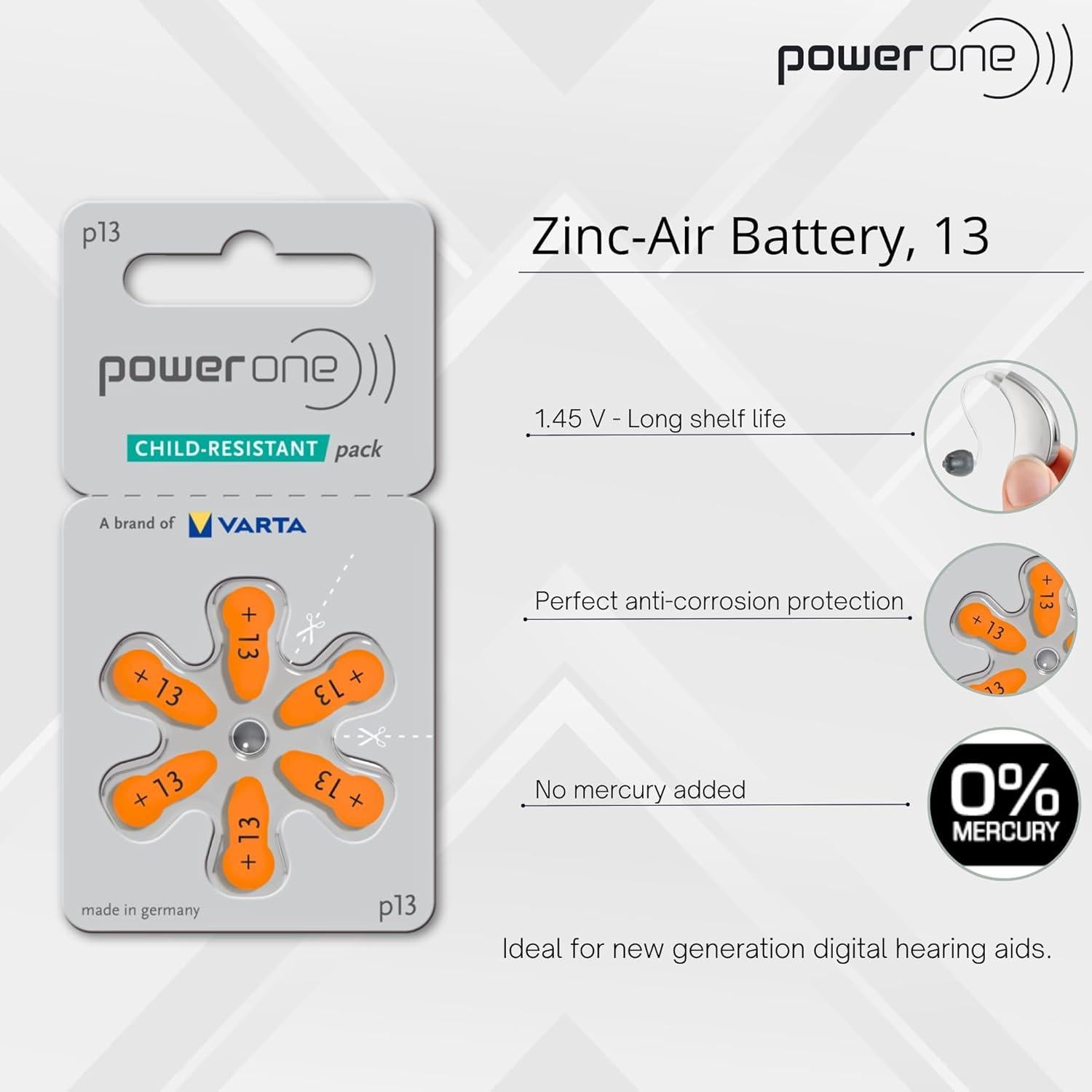 Baterías Power One P13 Zinc-Aire 60 Unidades 1.45V