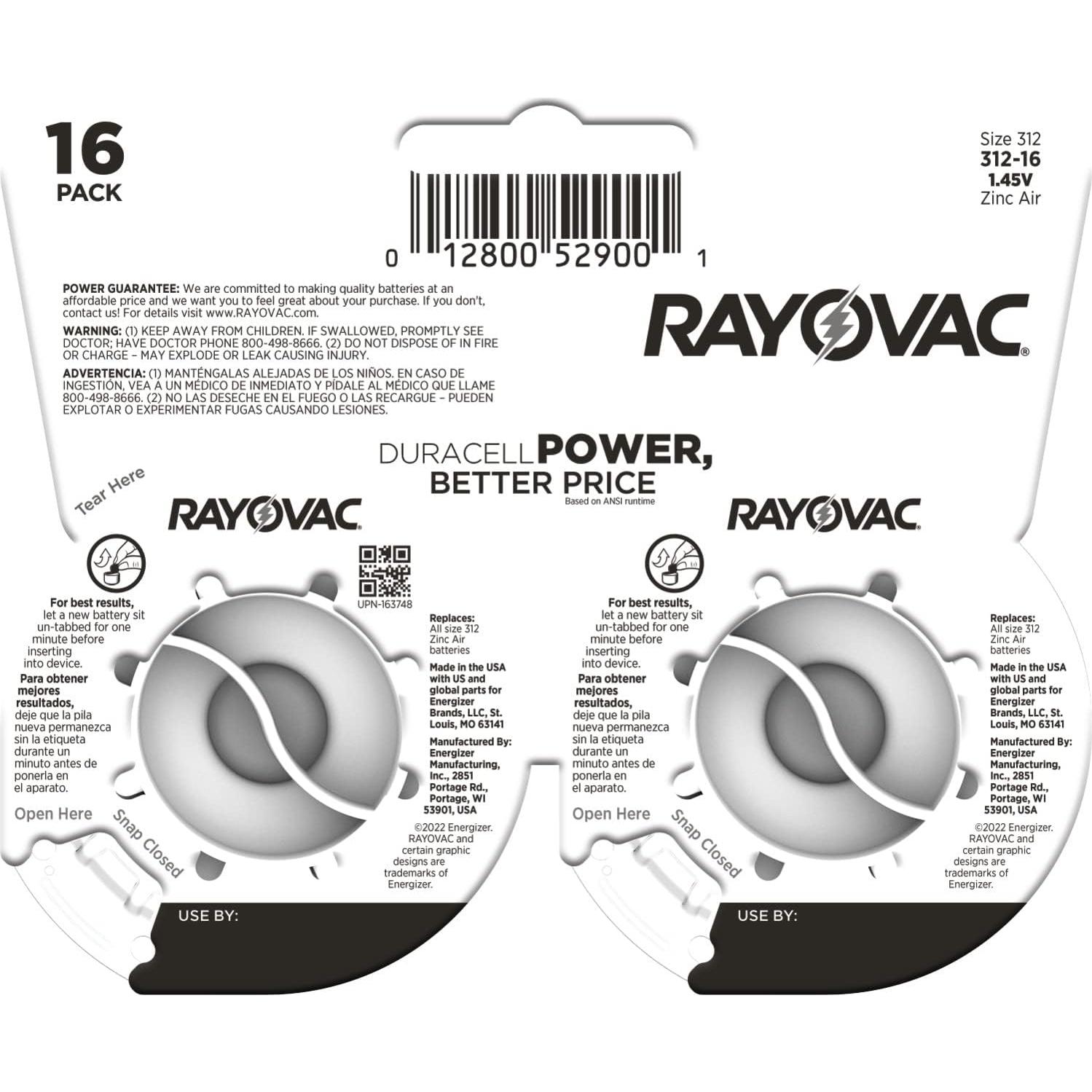 Baterías para Audífonos Rayovac Tamaño 312 - Paquete de 16