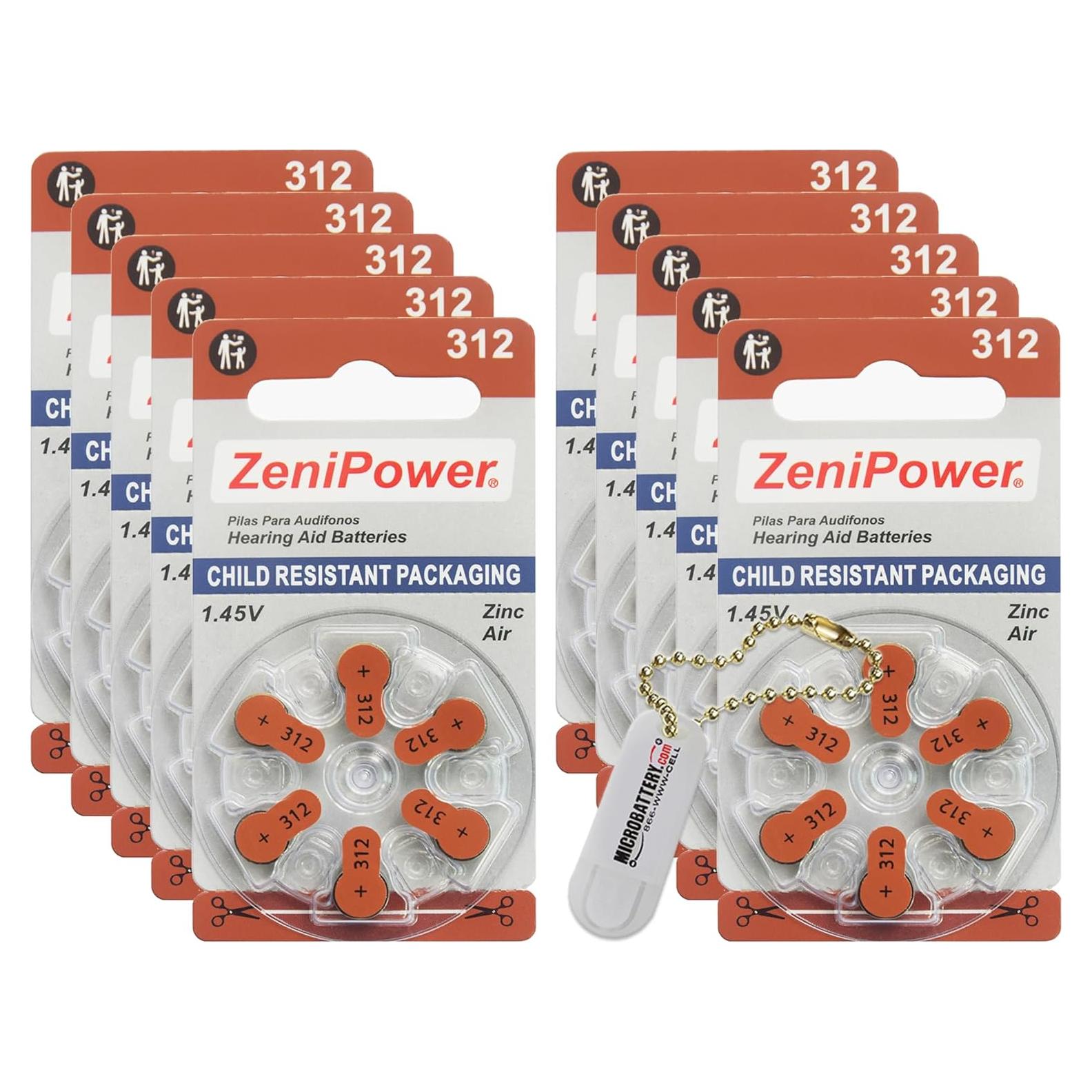 Baterías ZeniPower 312 para Audífonos - 60 Unidades + Kit Soporte