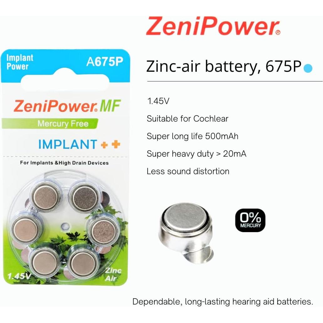 Baterías ZeniPower A675P para Implantes Cocleares - 60 Unidades