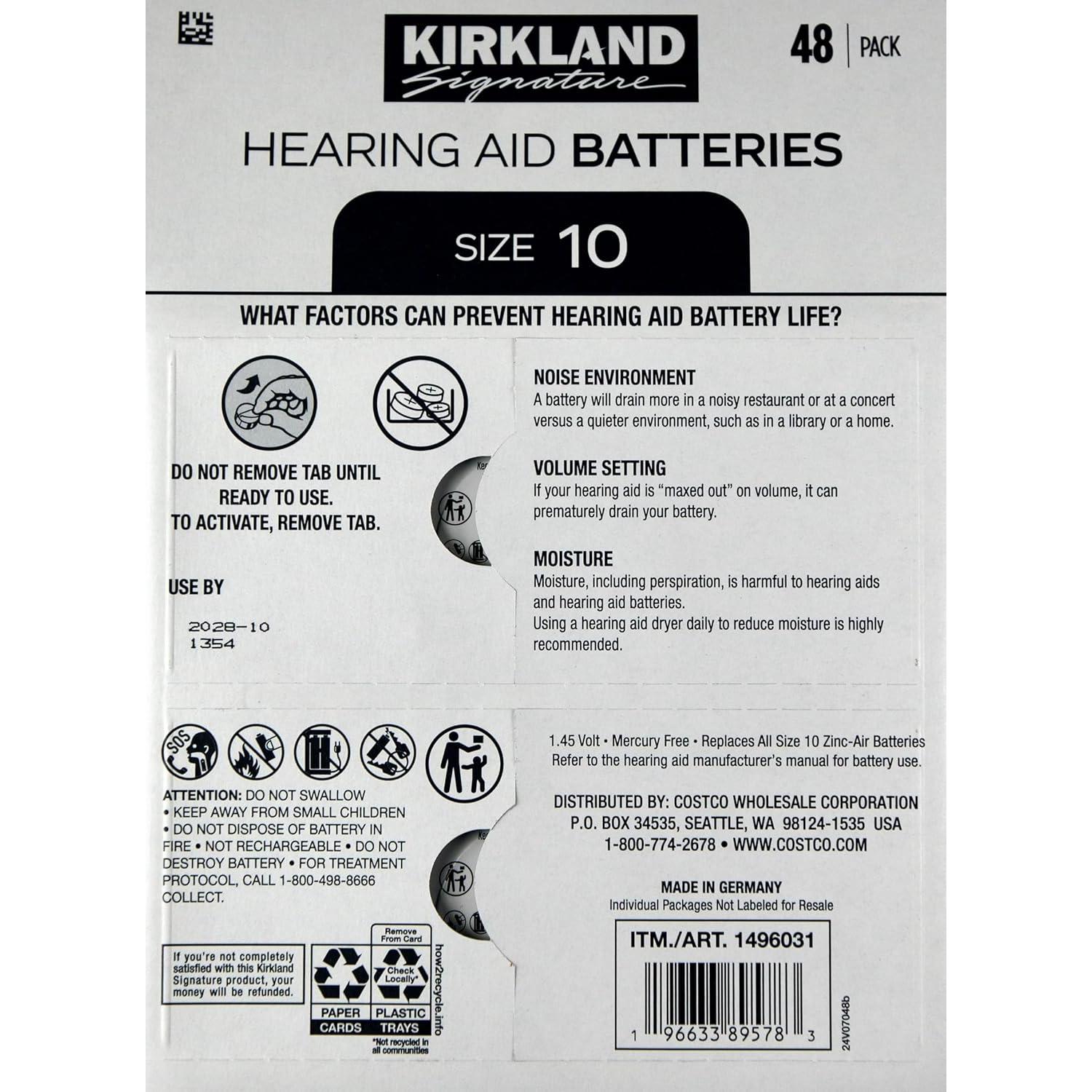 Baterías para Audífonos Kirkland Signature Tamaño 10 Zinc-Aire 48 Unidades