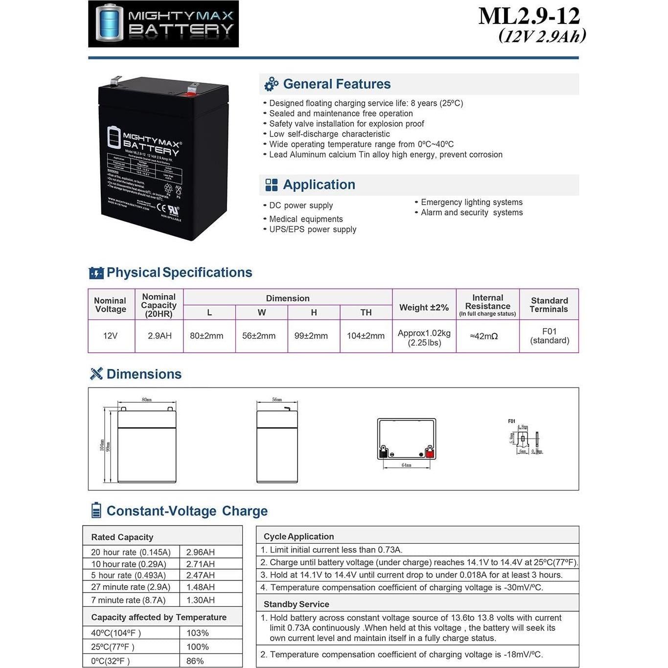 Batería recargable Mighty Max 12V 2.9AH SLA F1 para ION Audio
