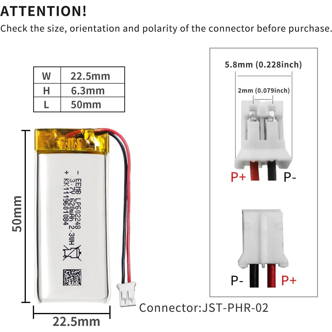 Batería de polímero de litio EEMB 3.7V 620mAh 602248