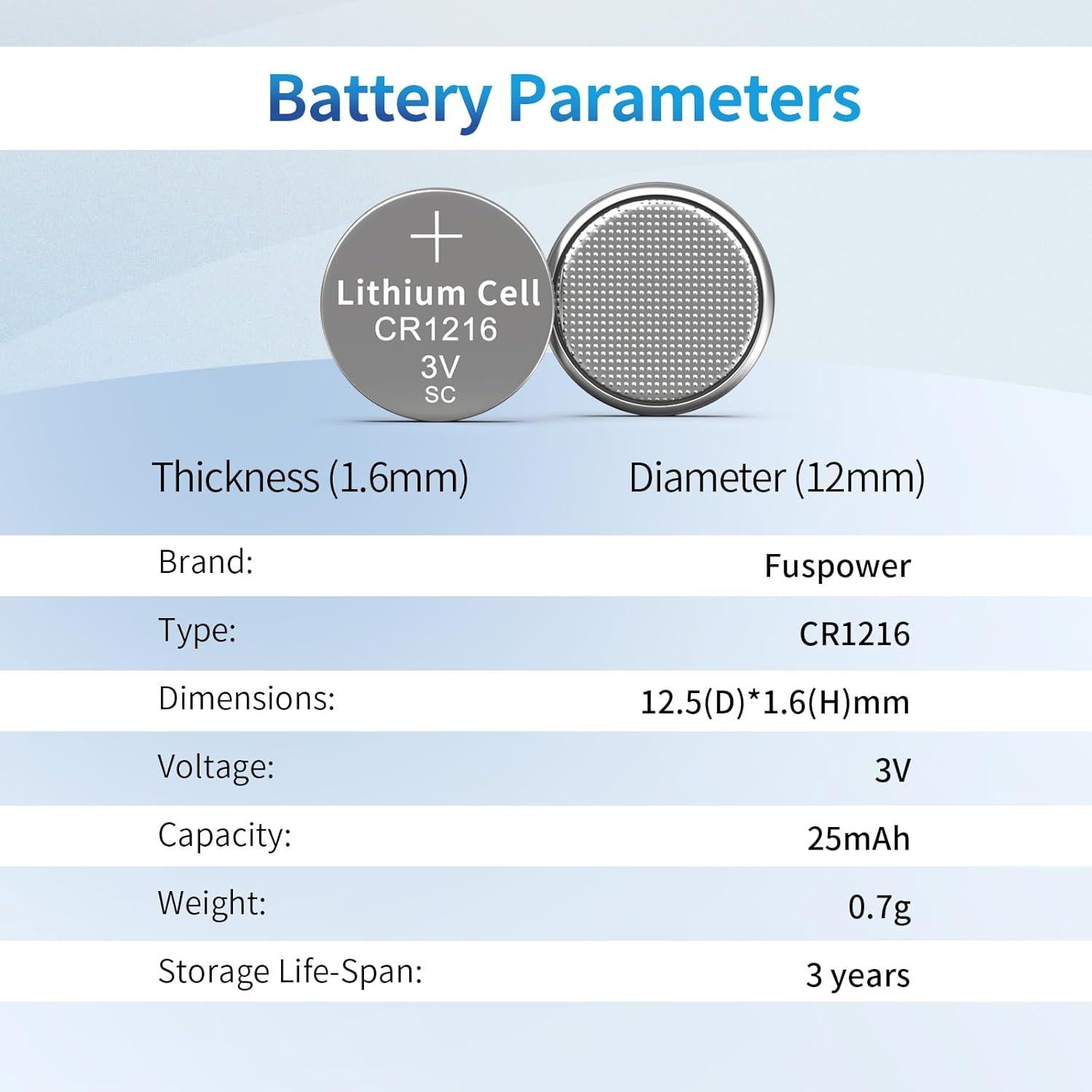 Batería de Litio CR1216 3V Fuspower - Paquete de 1