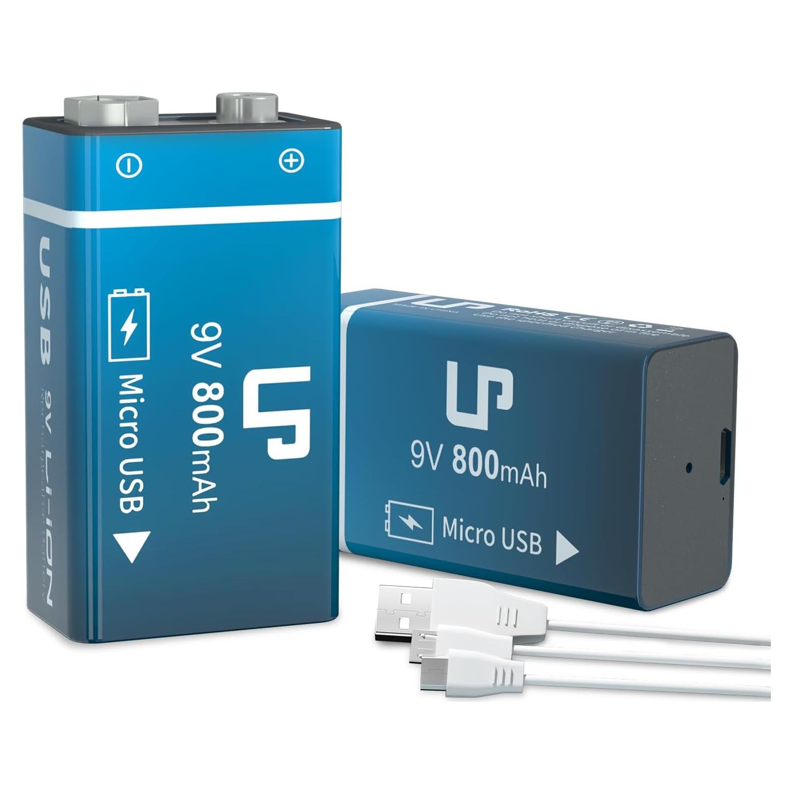 Paquete de 2 Baterías Recargables LP 9V 800mAh USB