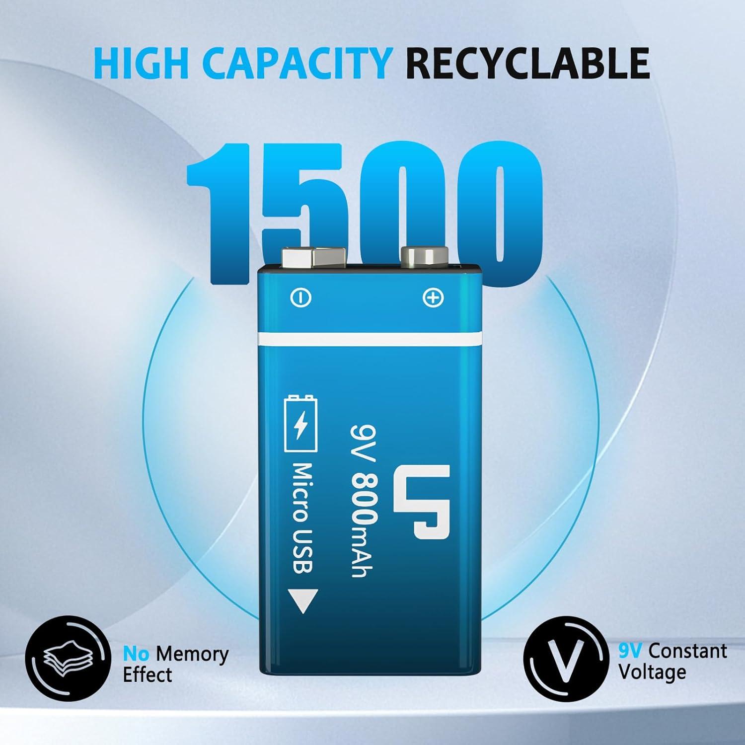 Paquete de 2 Baterías Recargables LP 9V 800mAh USB