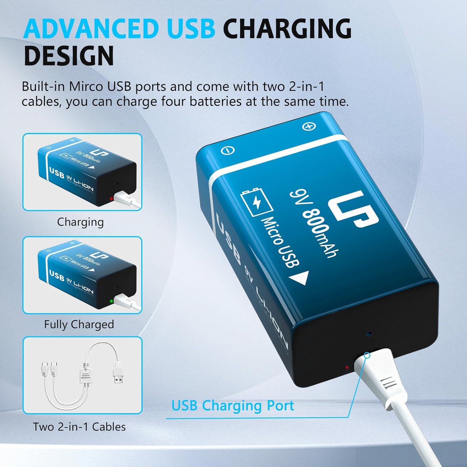 Paquete de 2 Baterías Recargables LP 9V 800mAh USB