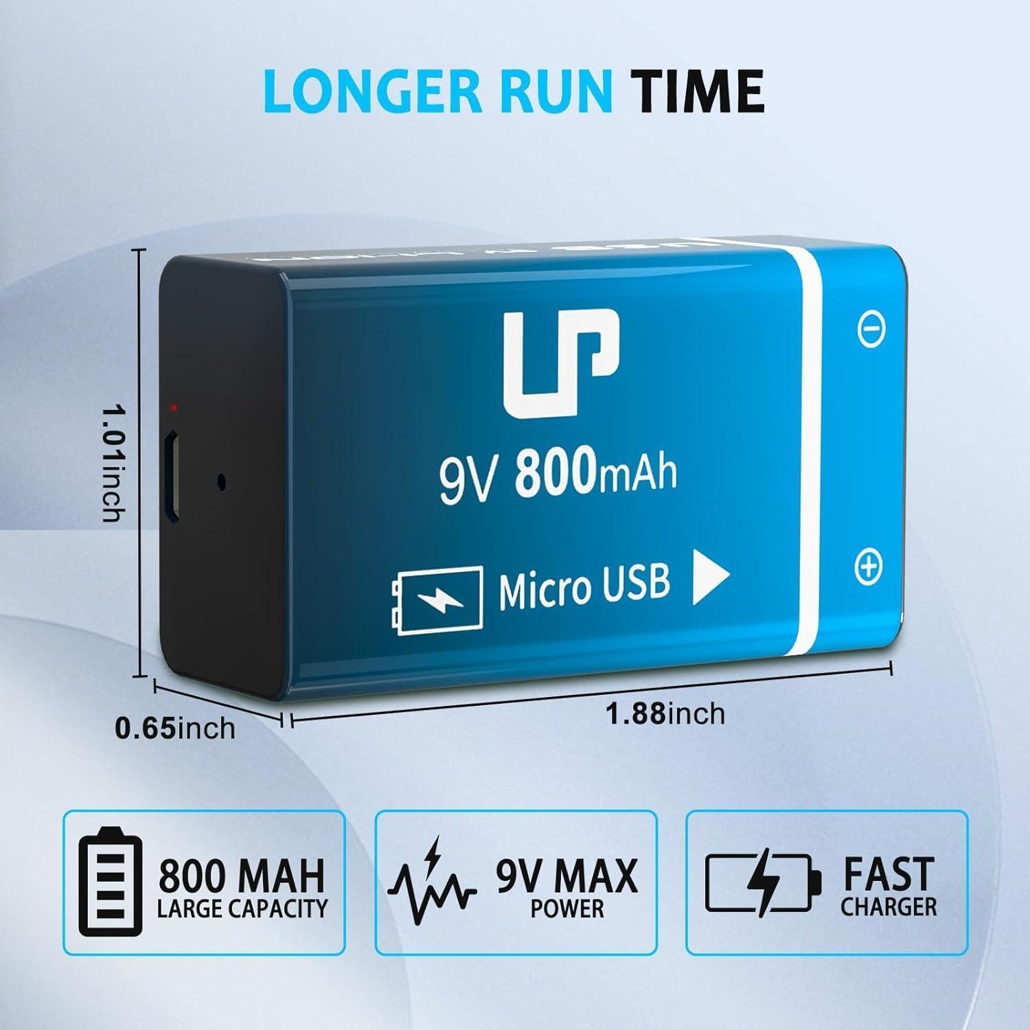 Paquete de 2 Baterías Recargables LP 9V 800mAh USB