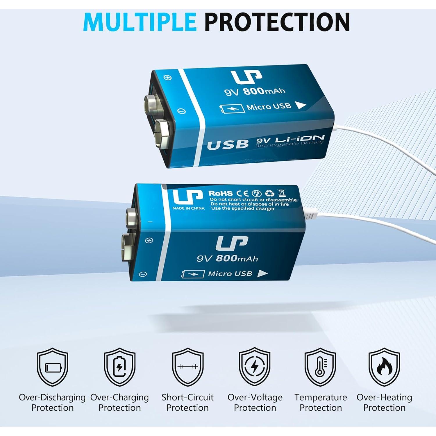 Paquete de 2 Baterías Recargables LP 9V 800mAh USB