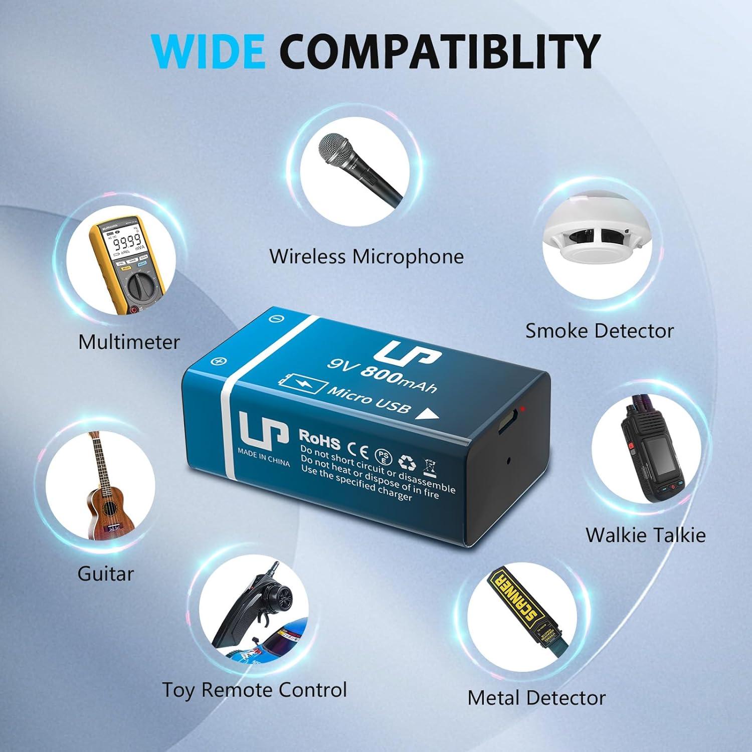 Paquete de 2 Baterías Recargables LP 9V 800mAh USB