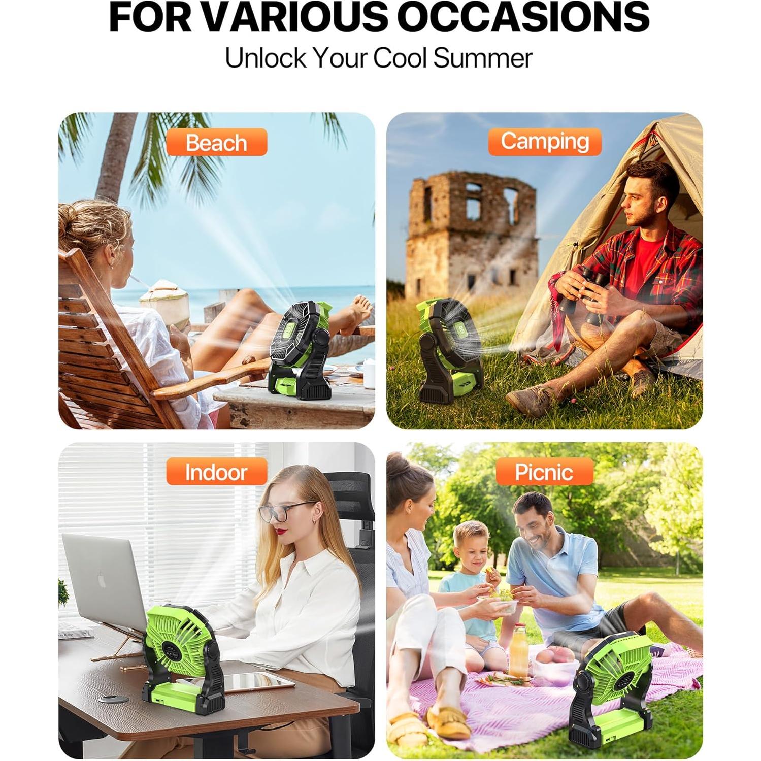 Ventilador Portátil Doviluxe 12000mAh con Linterna LED Verde