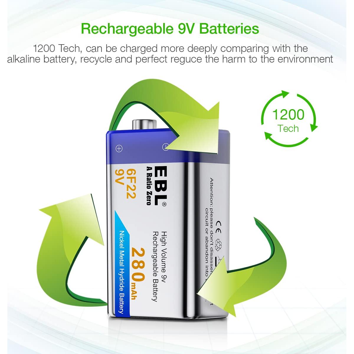 Baterías Recargables EBL 9V NiMH 280mAh Paquete de 4