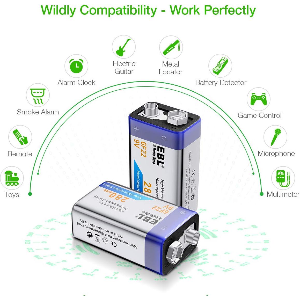 Baterías Recargables EBL 9V NiMH 280mAh Paquete de 4