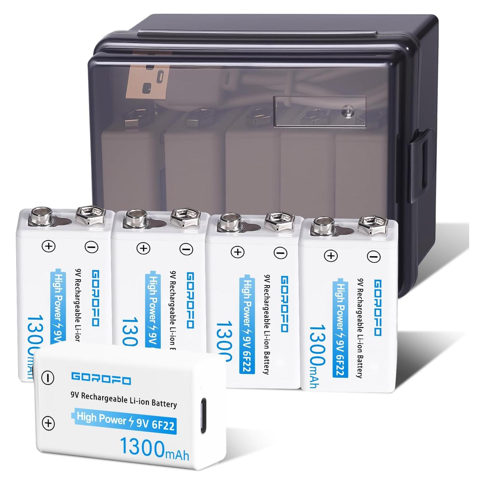 Baterías recargables 9V GOROFO USB-C (paquete de 5) - Carga rápida