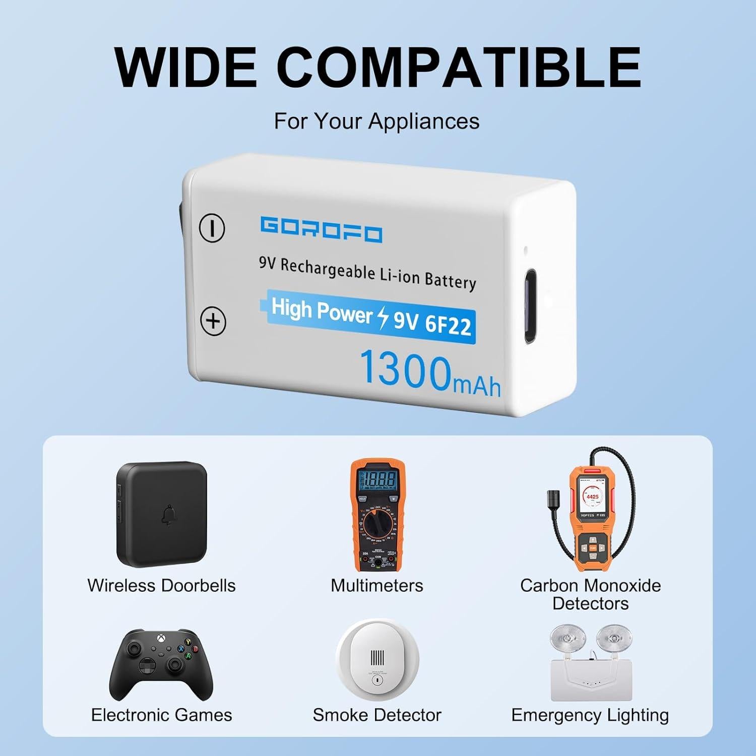 Baterías recargables 9V GOROFO USB-C (paquete de 5) - Carga rápida