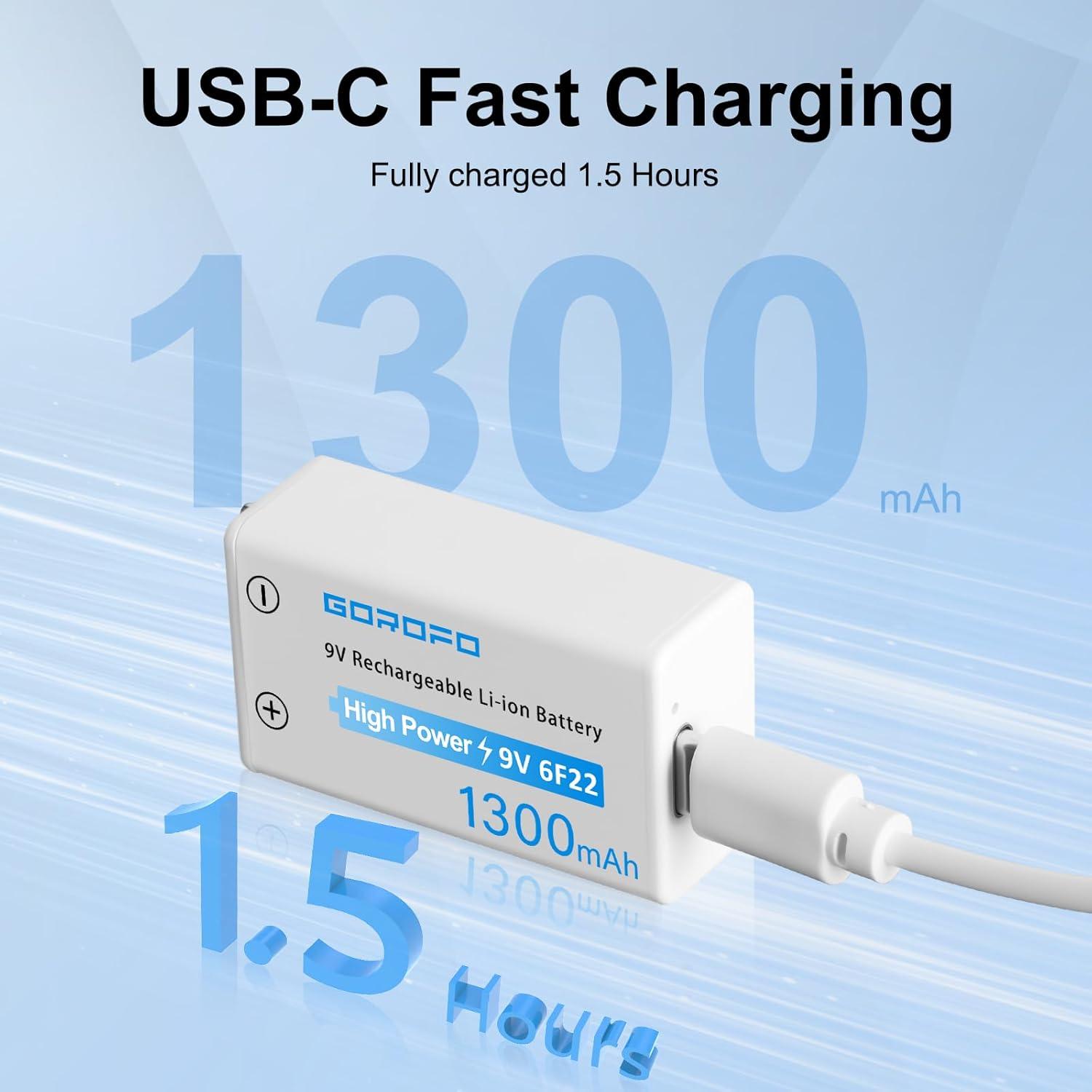 Baterías recargables 9V GOROFO USB-C (paquete de 5) - Carga rápida