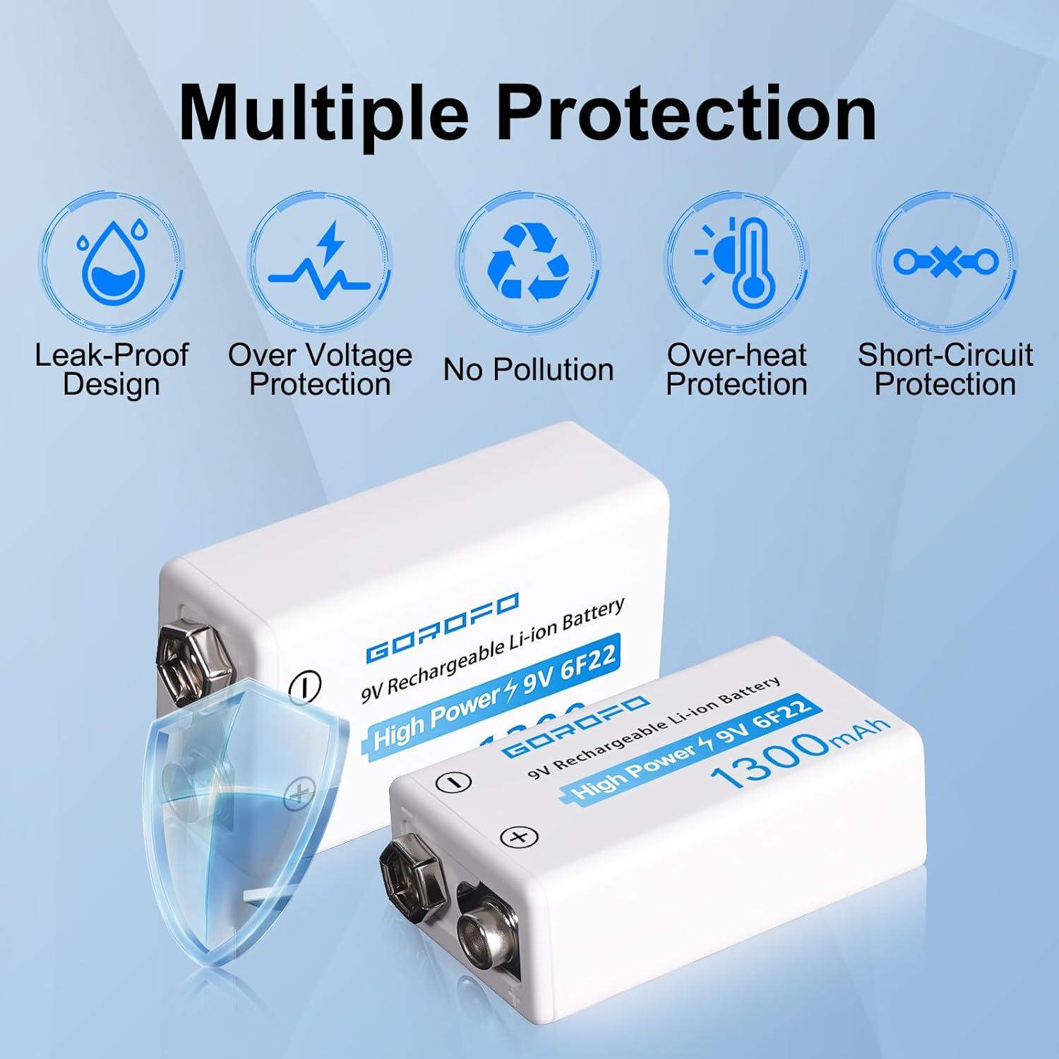Baterías recargables 9V GOROFO USB-C (paquete de 5) - Carga rápida