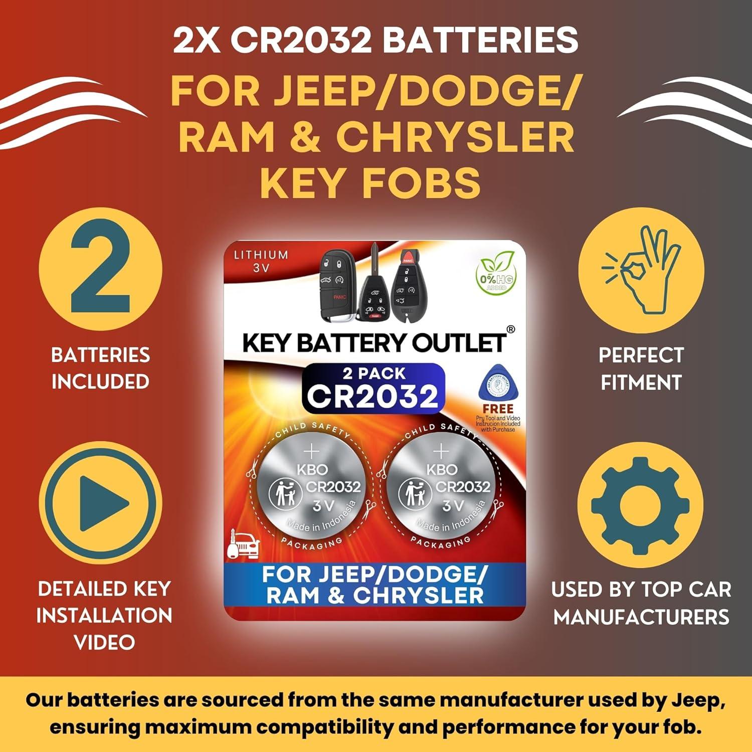 Baterías CR2032 Key Battery Outlet para Jeep y Dodge - Paquete de 2