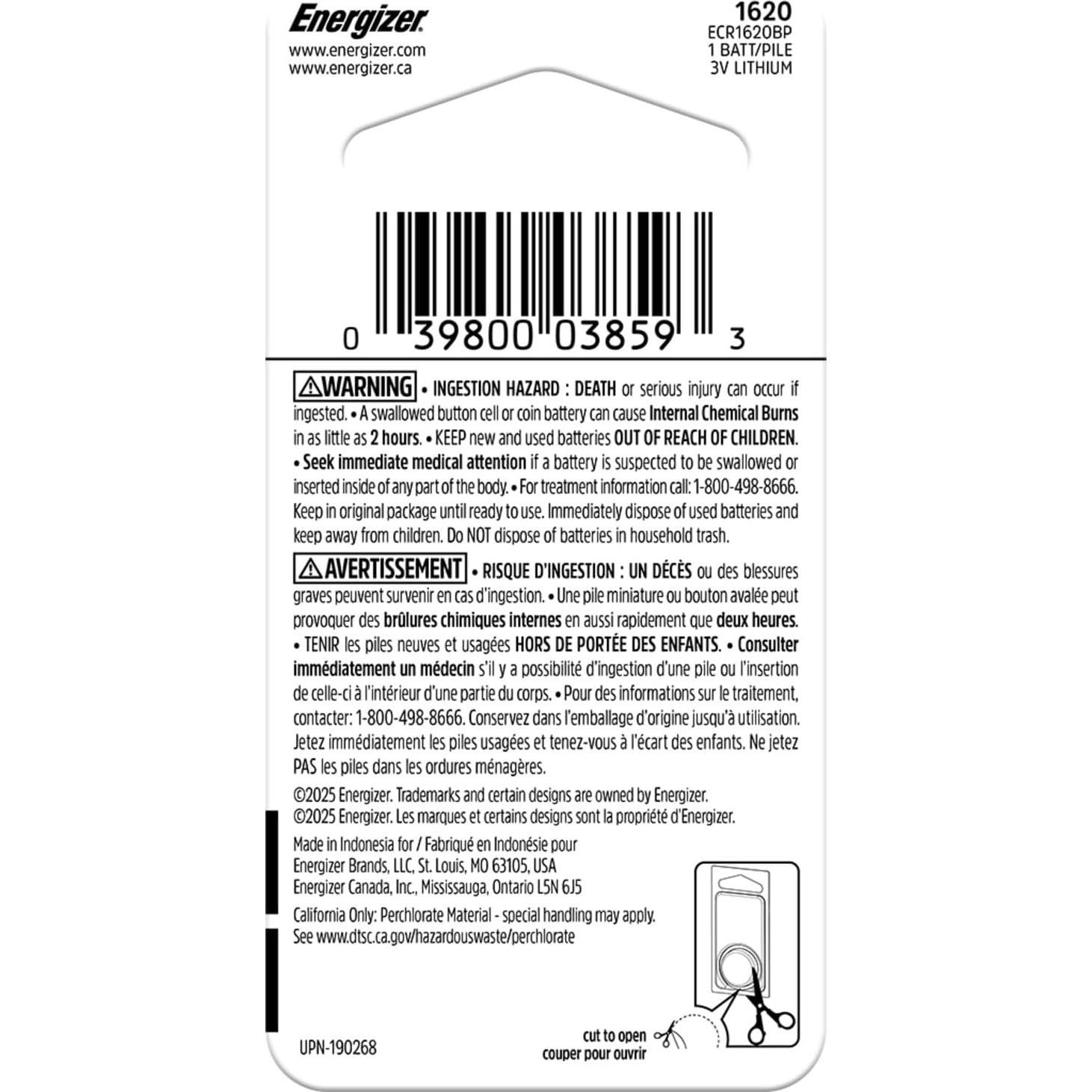 Batería de Moneda de Litio Energizer CR1620 - 3V - 1 Unidad