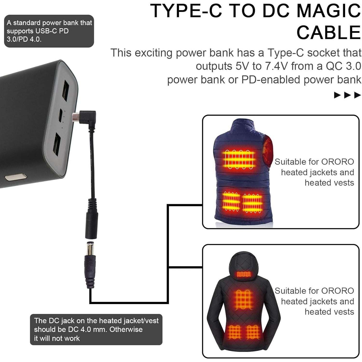 Adaptador Type-C a DC ORORO 2 Piezas para Chaquetas Calefaccionadas