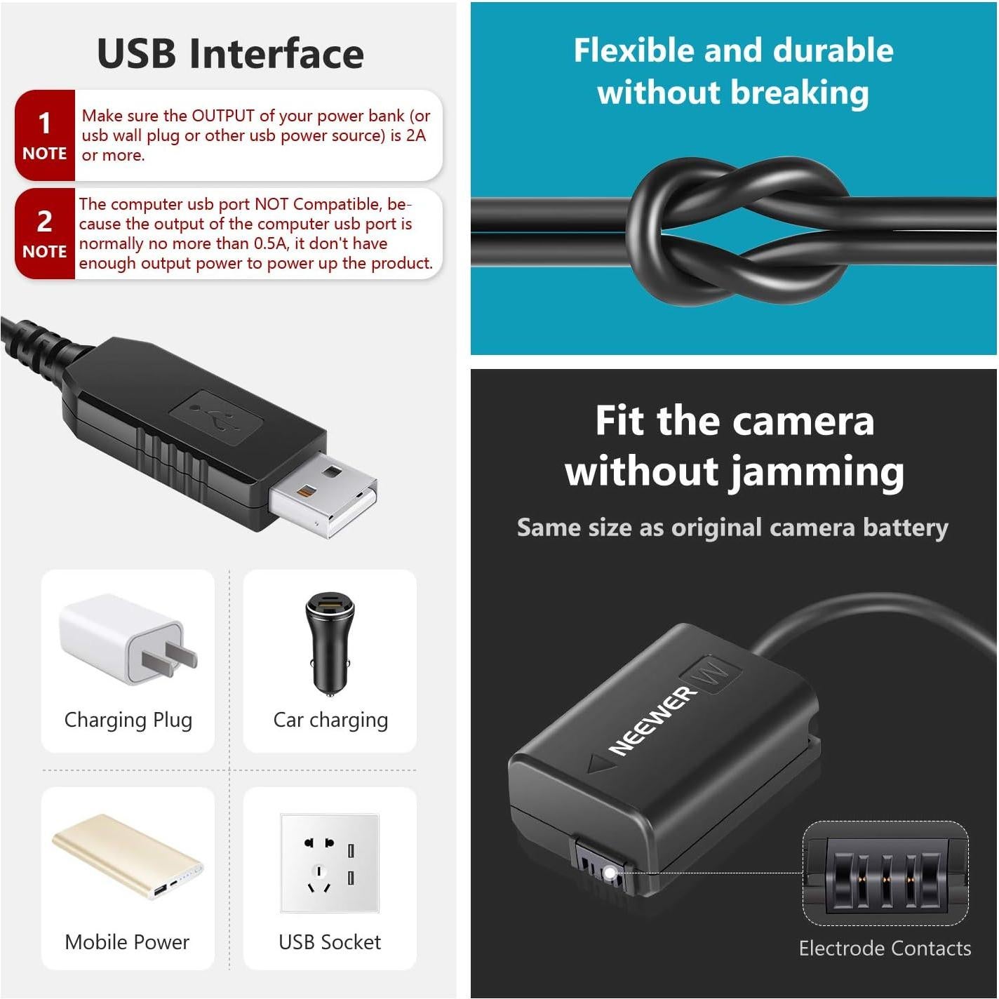 Acoplador DC Neewer NP-FW50 para Sony A7 A6500 A6000 USB 5V 2A