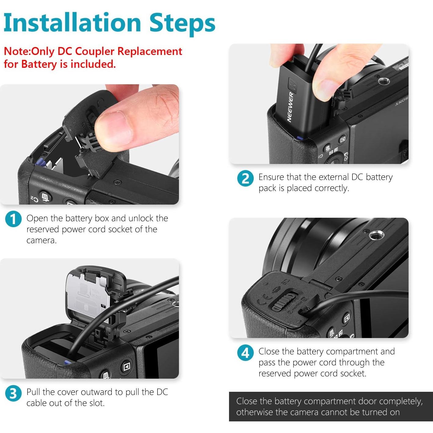 Acoplador DC Neewer NP-FW50 para Sony A7 A6500 A6000 USB 5V 2A