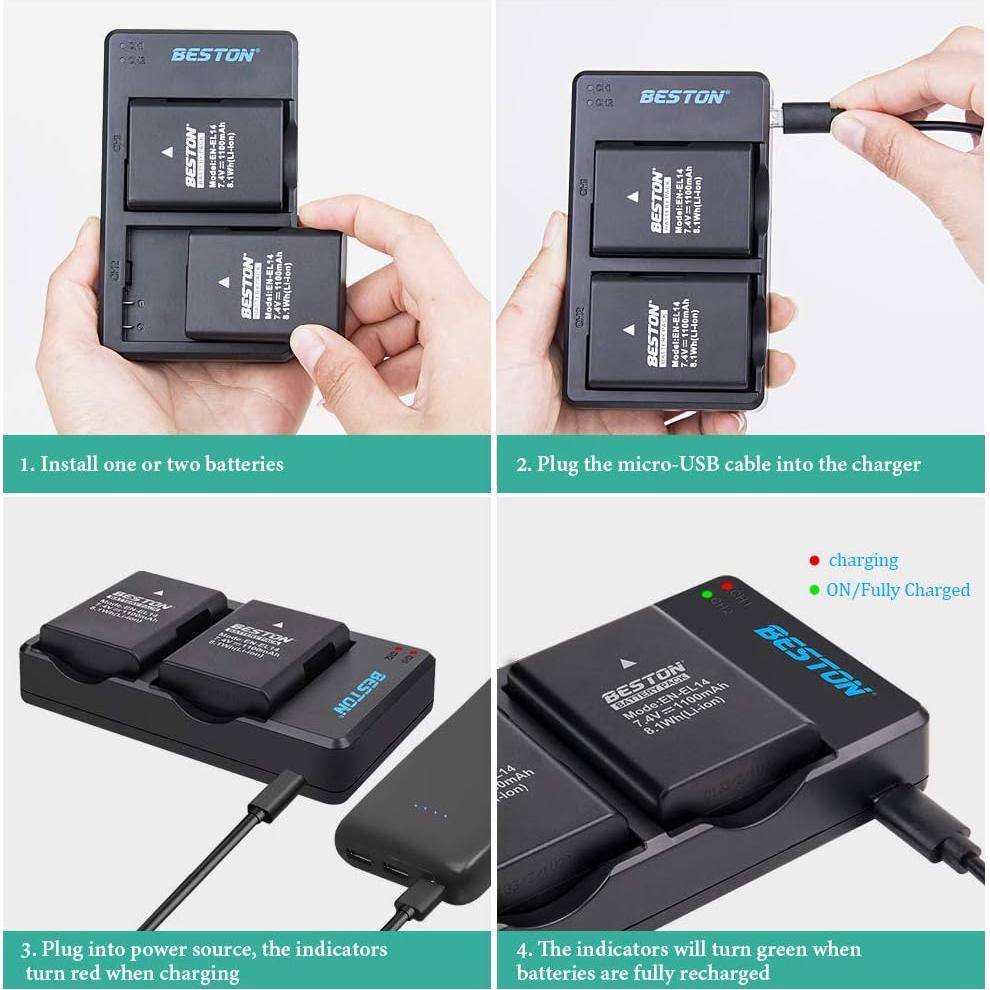 Paquete 2 Baterías BESTON EN-EL14/EN-EL14a + Cargador USB Rápido