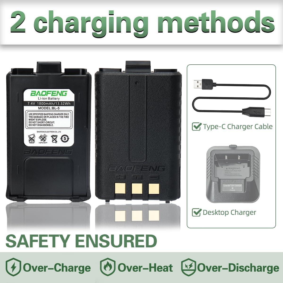 Batería Recargable BAOFENG UV-5R BL-5 1800mAh USB C (2 Pzs)