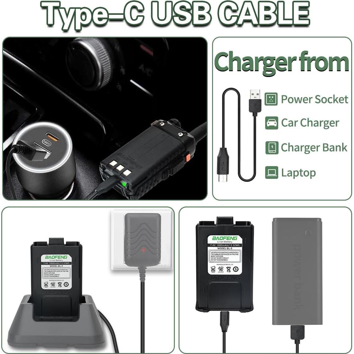 Batería Recargable BAOFENG UV-5R BL-5 1800mAh USB C (2 Pzs)