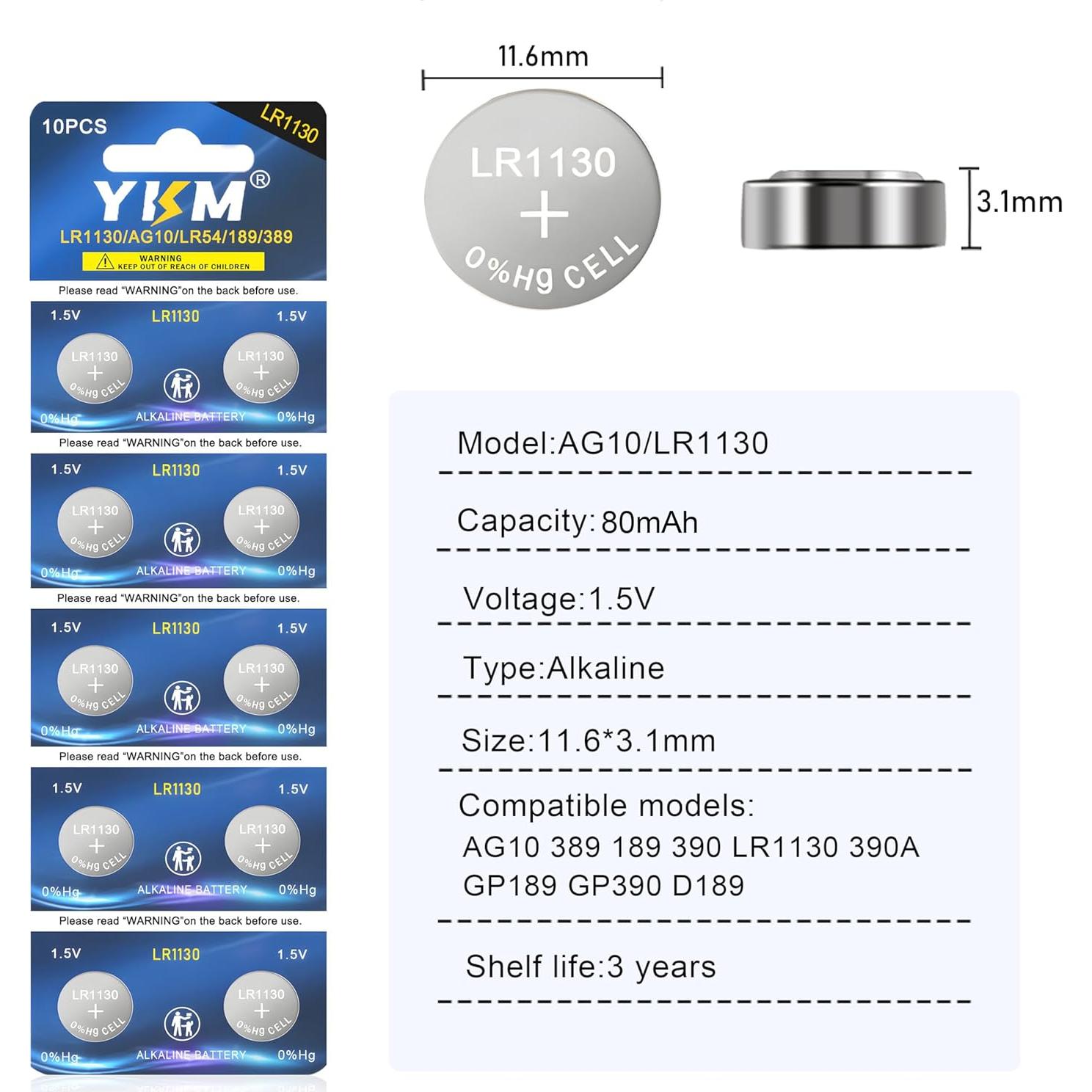 Paquete de 10 Baterías Alcalinas LR1130 YKM 1.5V para Reloj