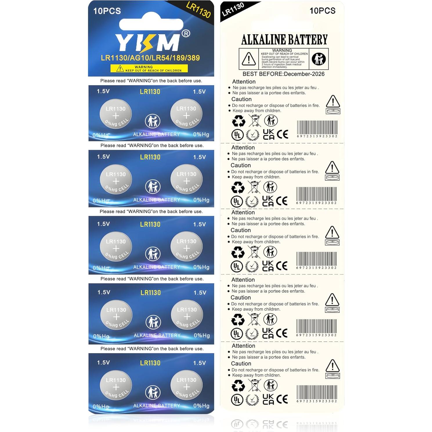 Paquete de 10 Baterías Alcalinas LR1130 YKM 1.5V para Reloj
