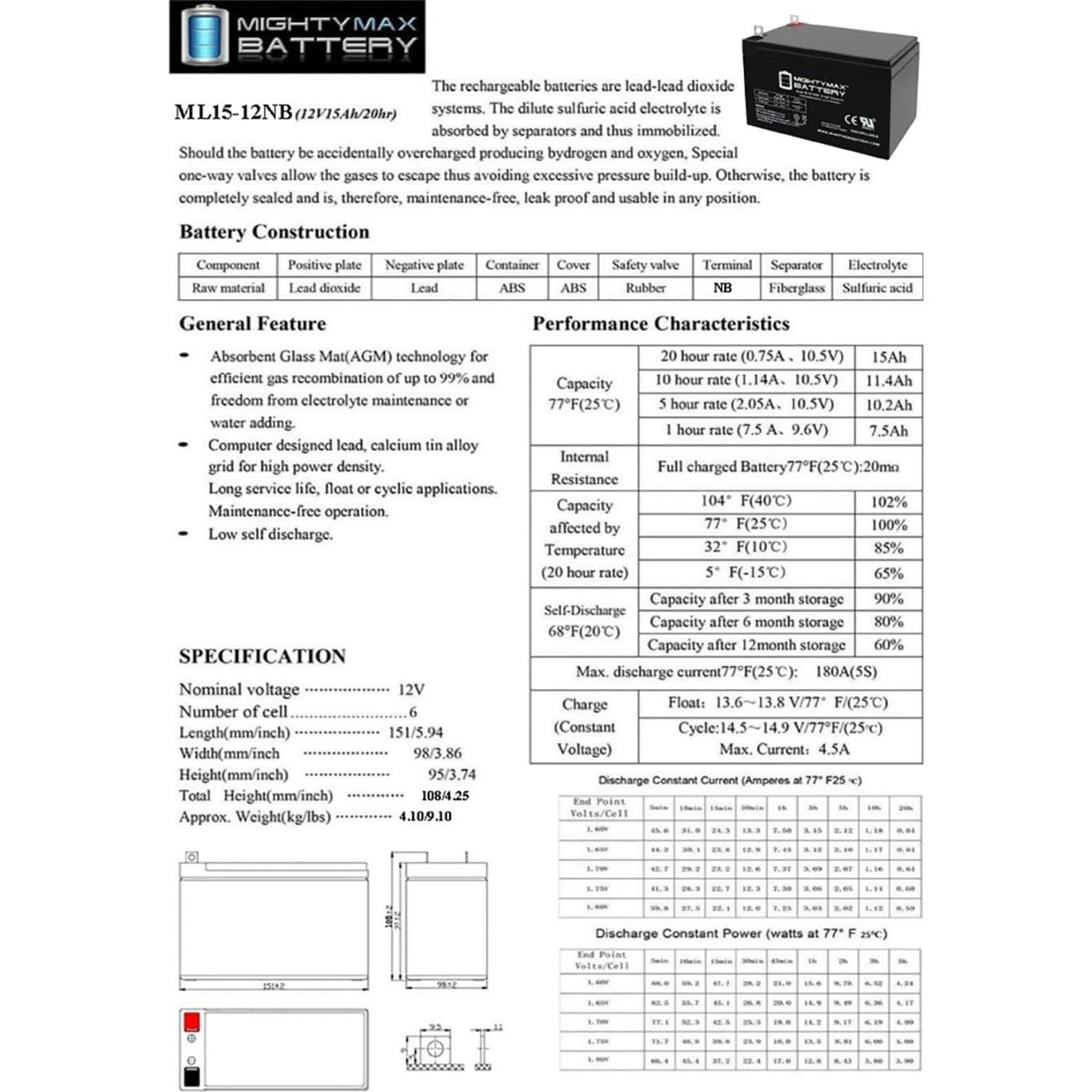 Batería Mighty Max ML15-12NB 12V 15AH SLA Recargable