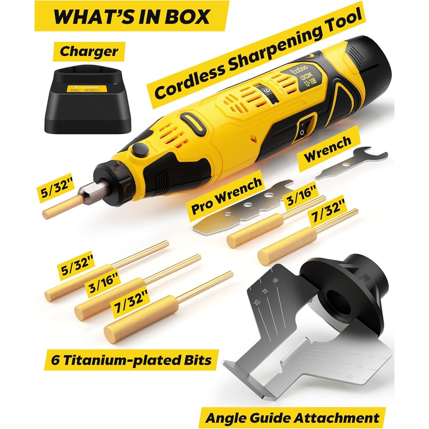 Afilador de Motosierra Inalámbrico EzzDoo 12V con 6 Puntas